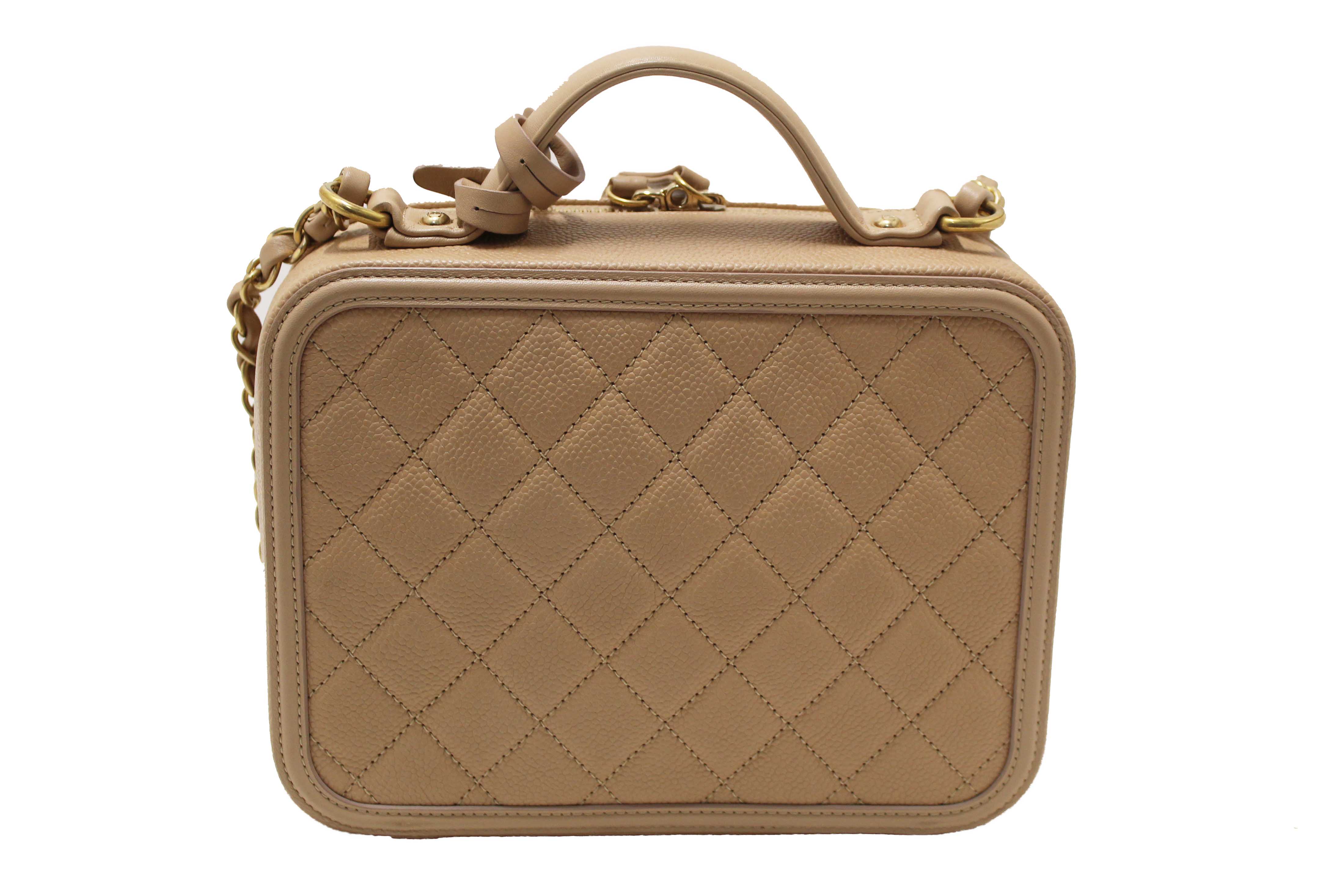 Authentic Chanel Beige Quilted Caviar Leather Medium CC Filigree Vanity Case