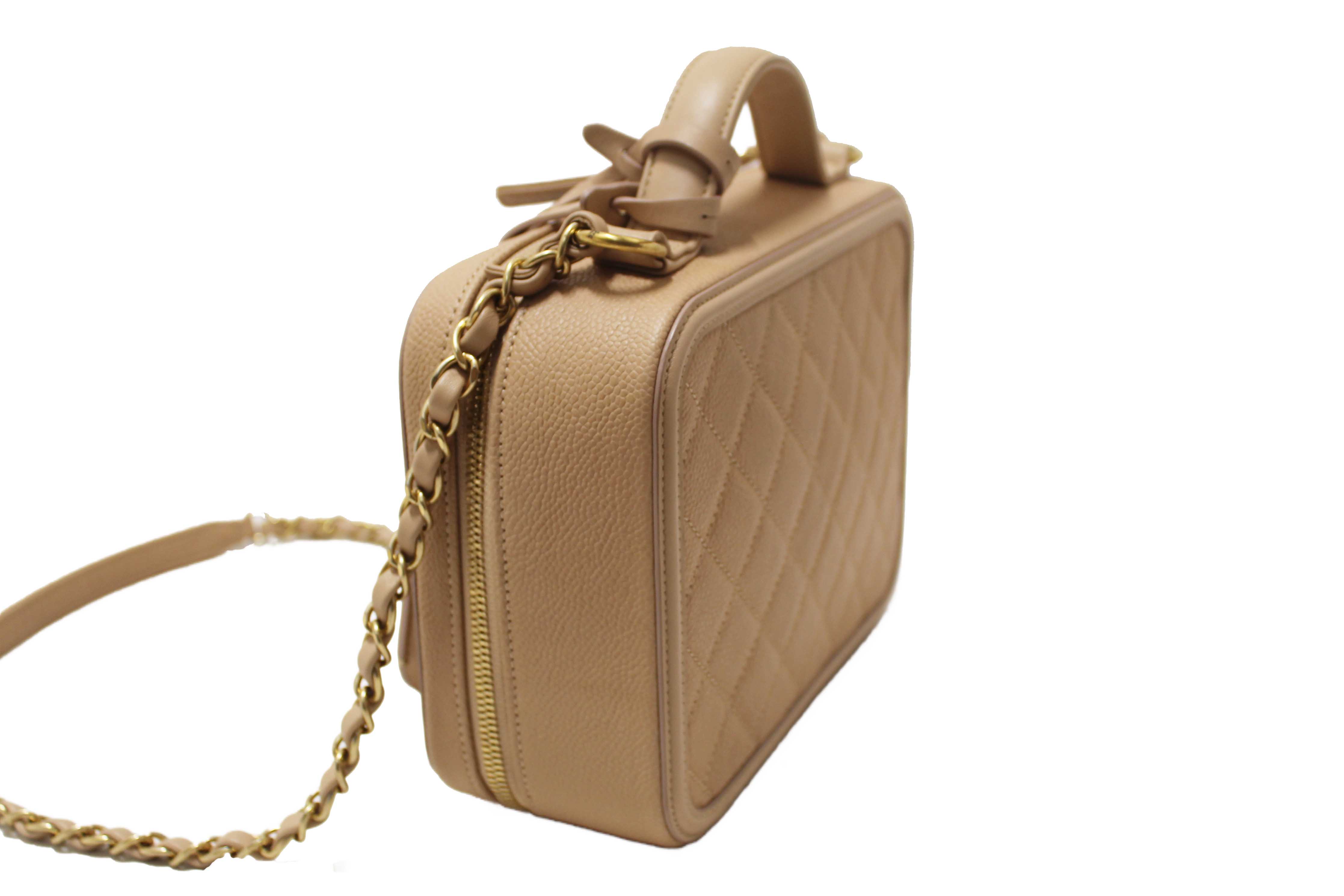 Authentic Chanel Beige Quilted Caviar Leather Medium CC Filigree Vanity Case