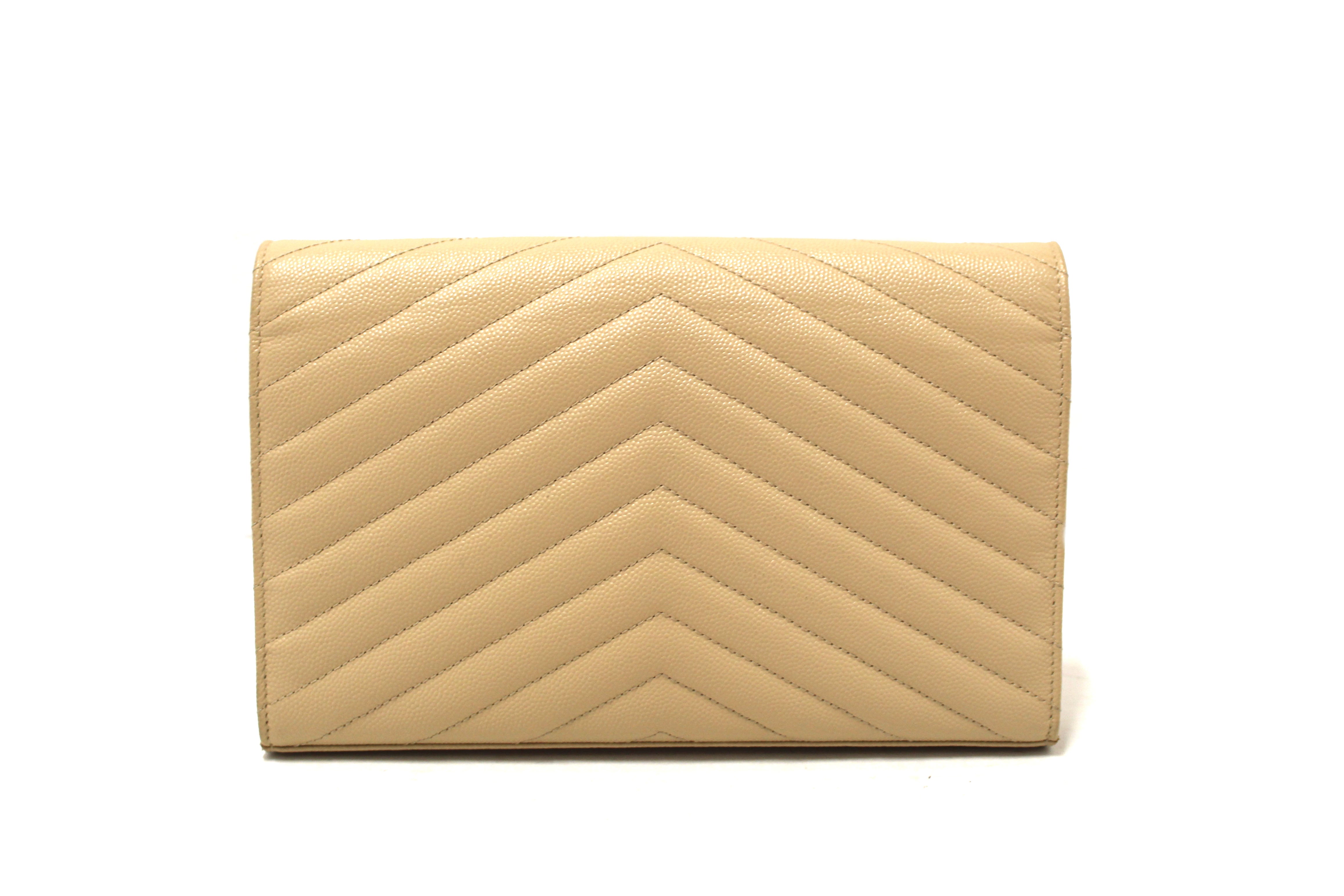 Authentic Saint Laurent Beige Matelasse Grain De Poudre Chevron Chain Wallet Crossbody Bag