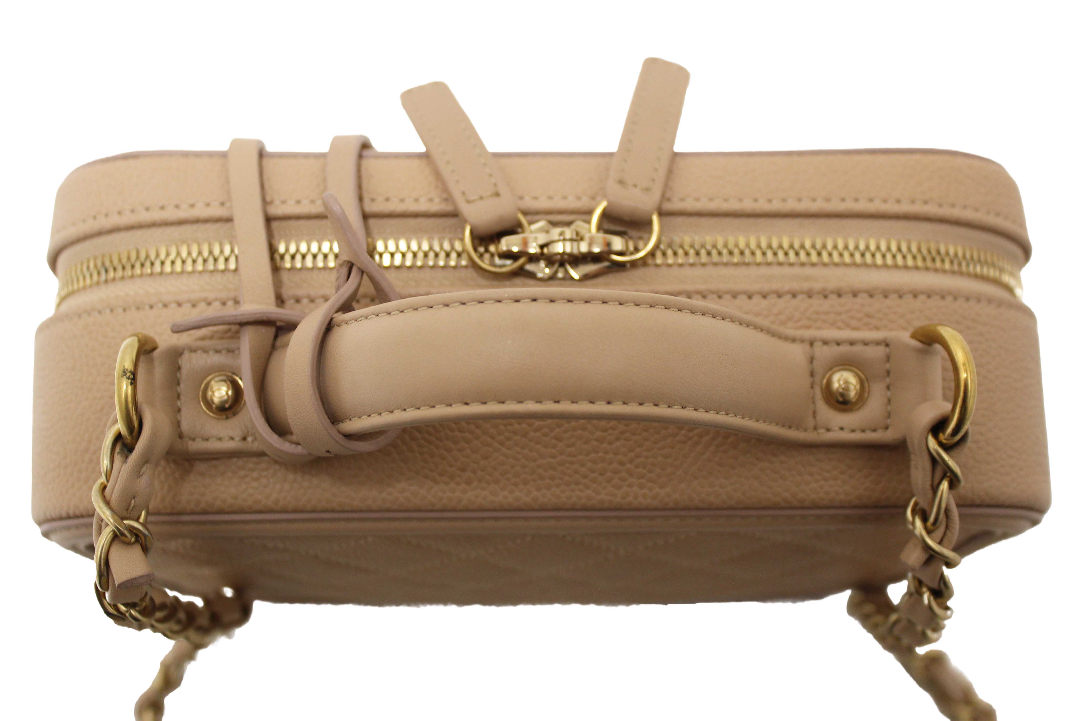 Authentic Chanel Beige Quilted Caviar Leather Medium CC Filigree Vanity Case