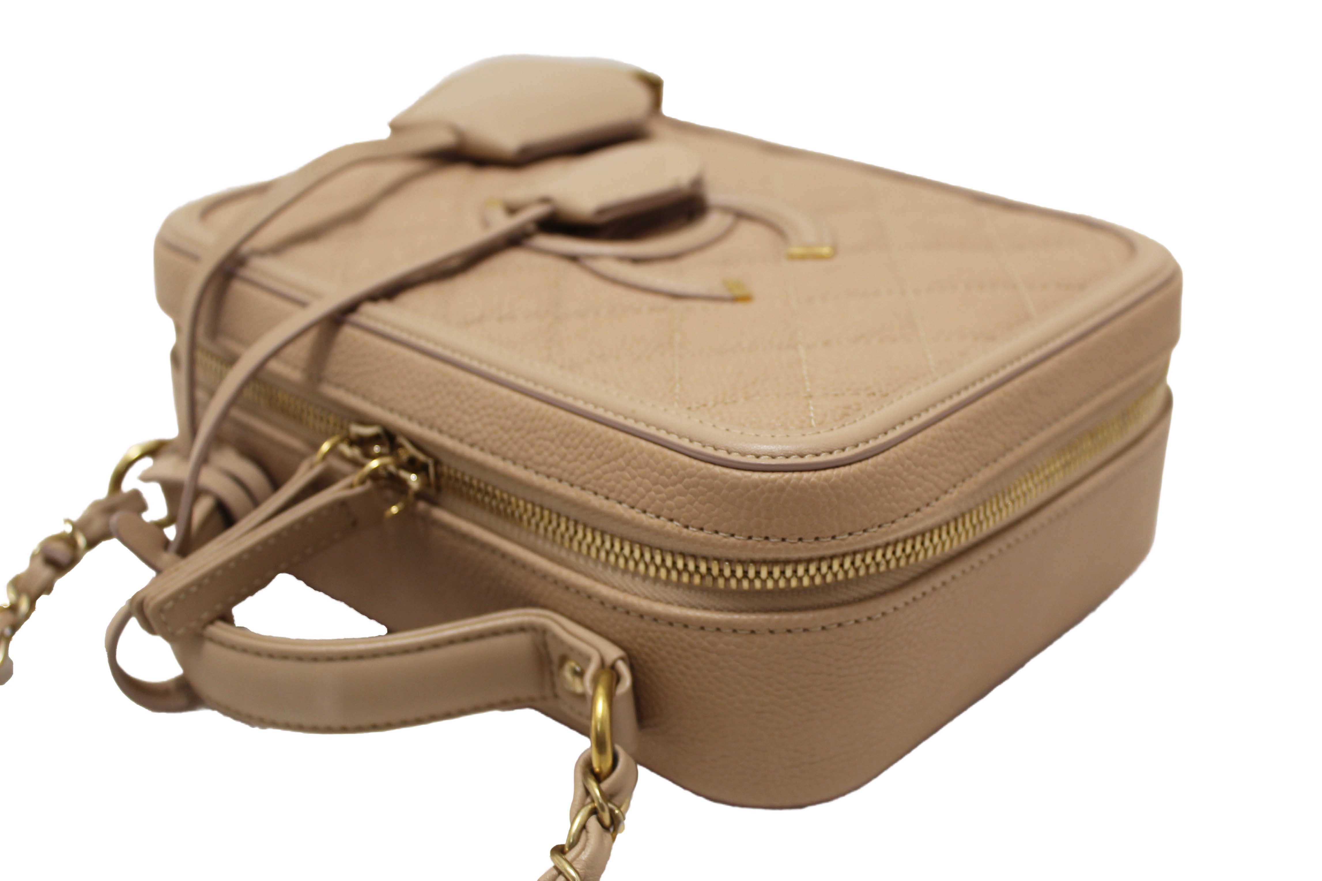 Authentic Chanel Beige Quilted Caviar Leather Medium CC Filigree Vanity Case