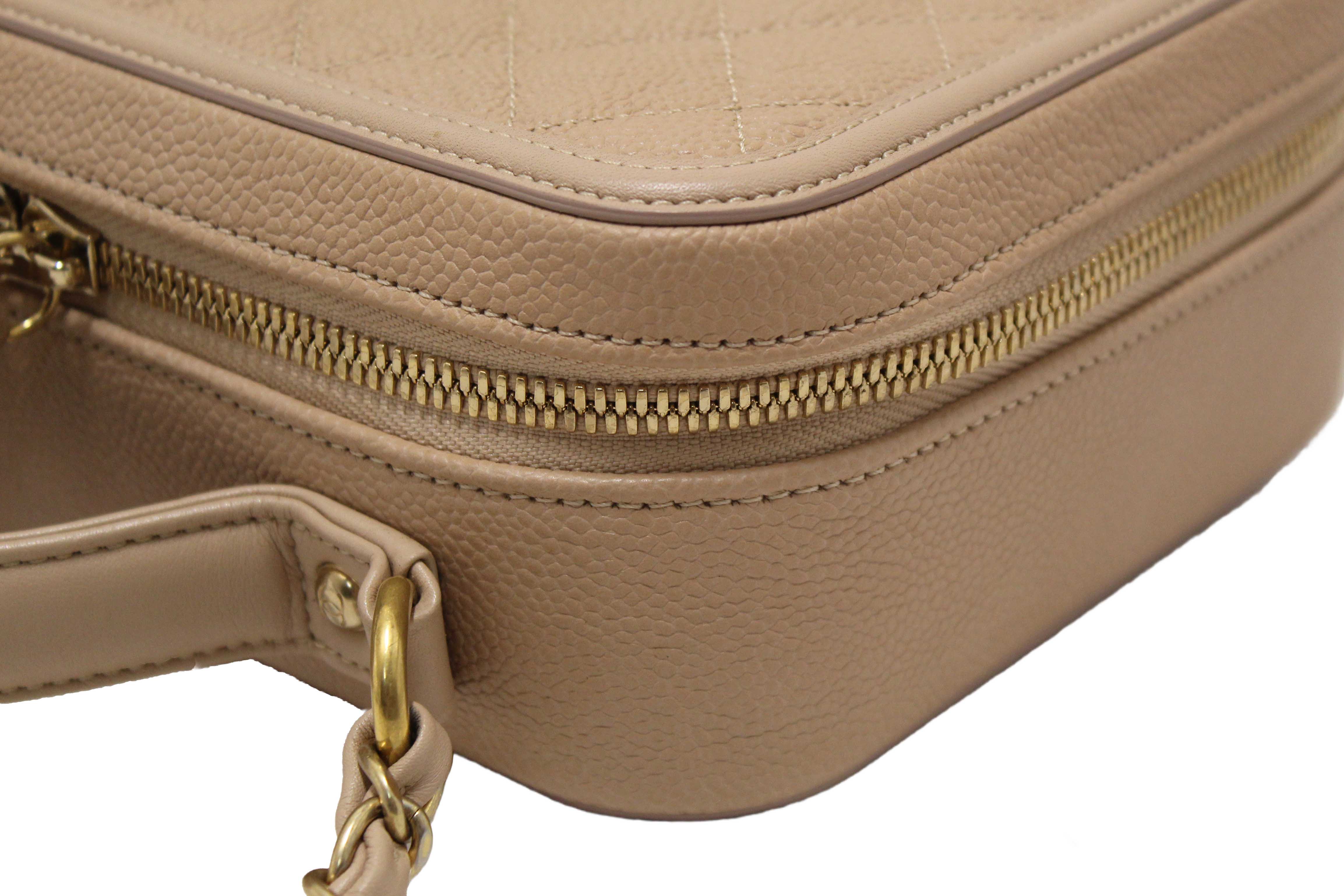 Authentic Chanel Beige Quilted Caviar Leather Medium CC Filigree Vanity Case