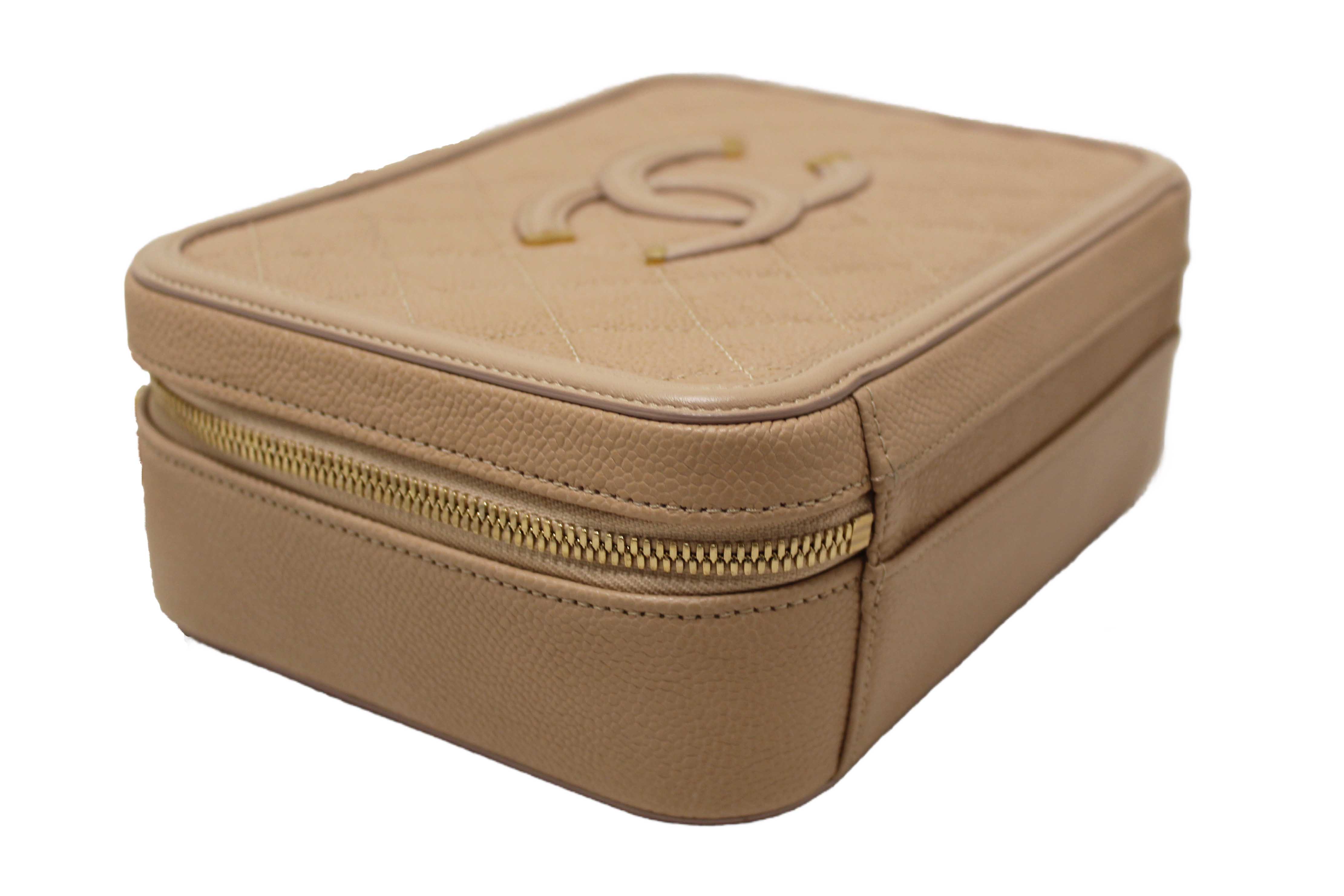 Authentic Chanel Beige Quilted Caviar Leather Medium CC Filigree Vanity Case