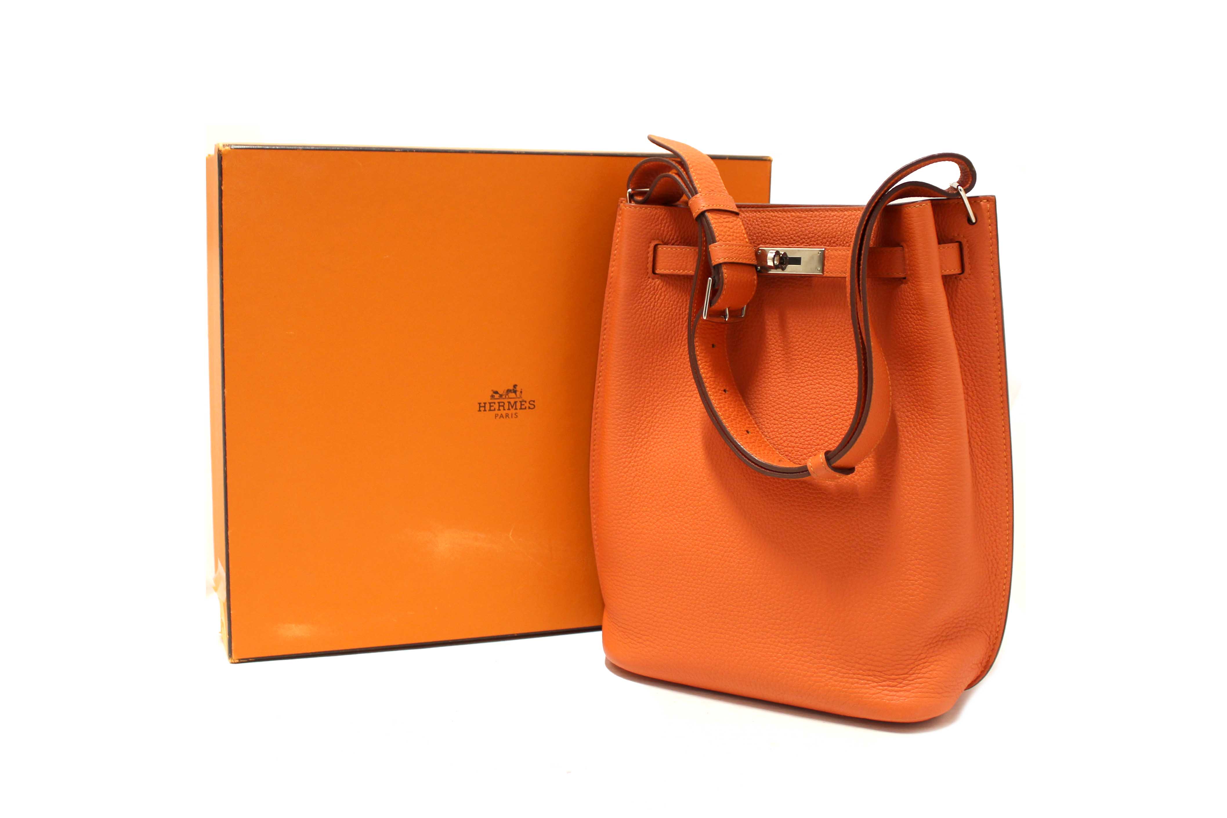 Authentic Hermes Orange Togo Leather Palladium Plated So Kelly 22 Bag