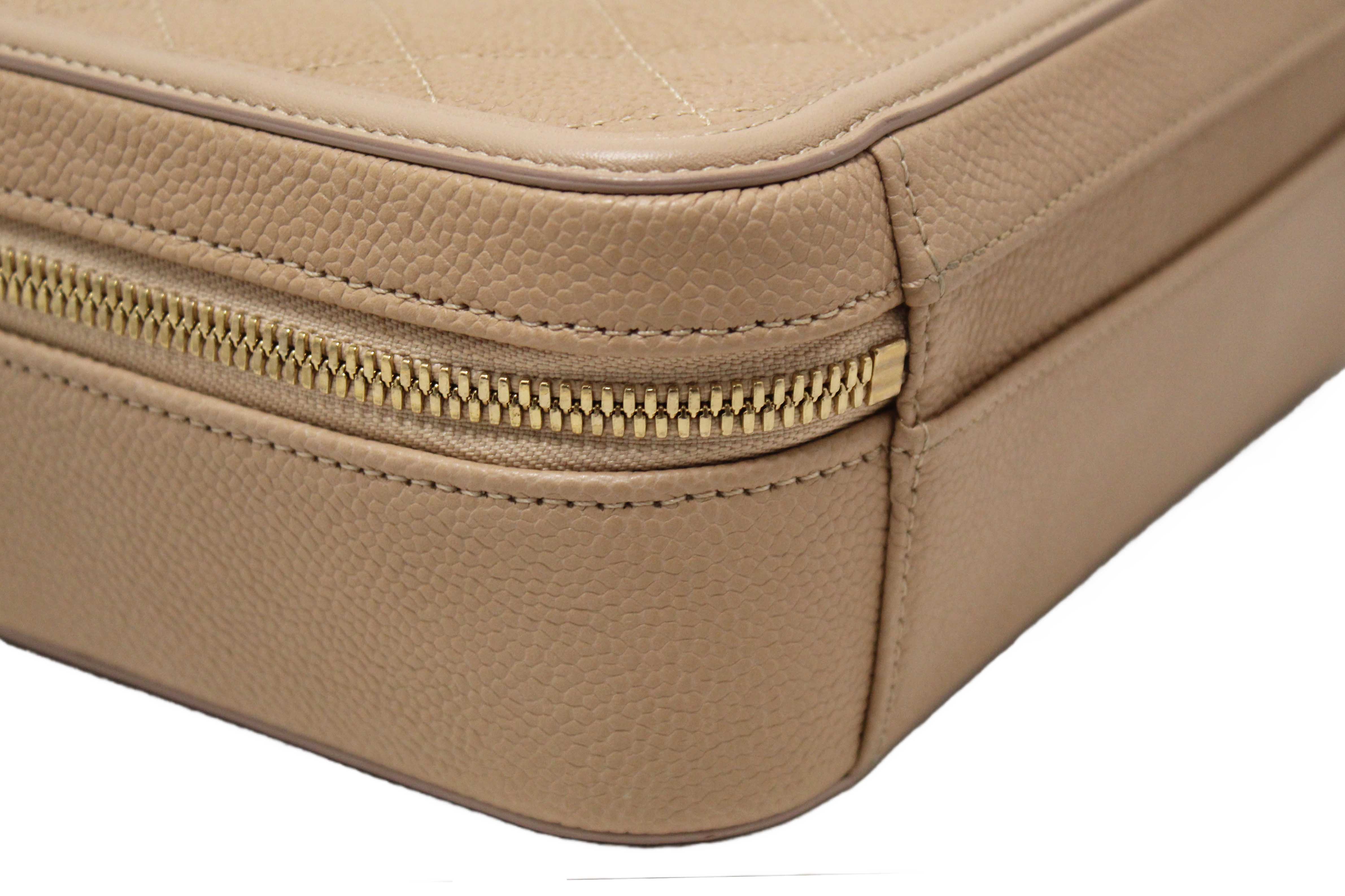 Authentic Chanel Beige Quilted Caviar Leather Medium CC Filigree Vanity Case