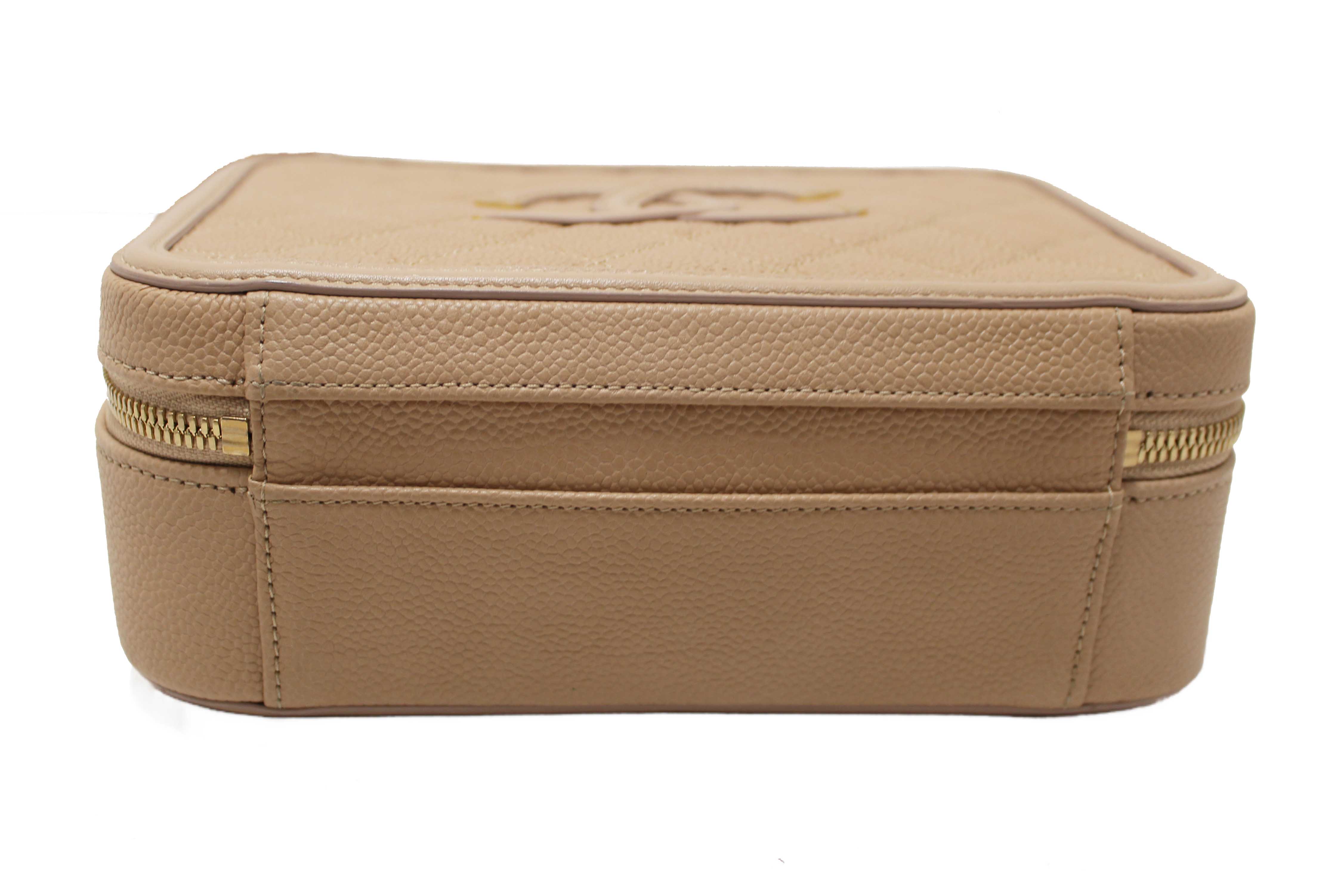 Authentic Chanel Beige Quilted Caviar Leather Medium CC Filigree Vanity Case