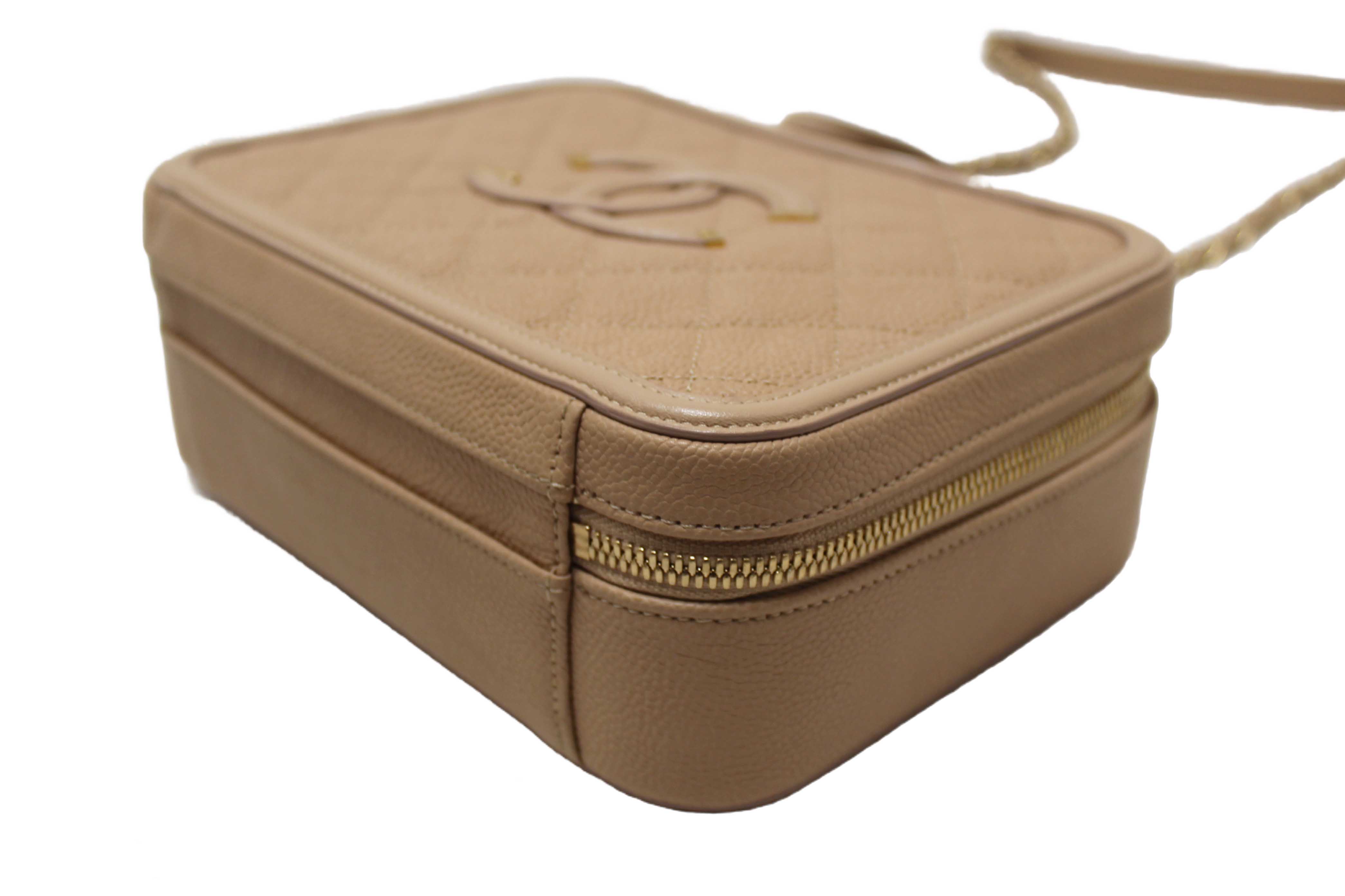 Authentic Chanel Beige Quilted Caviar Leather Medium CC Filigree Vanity Case