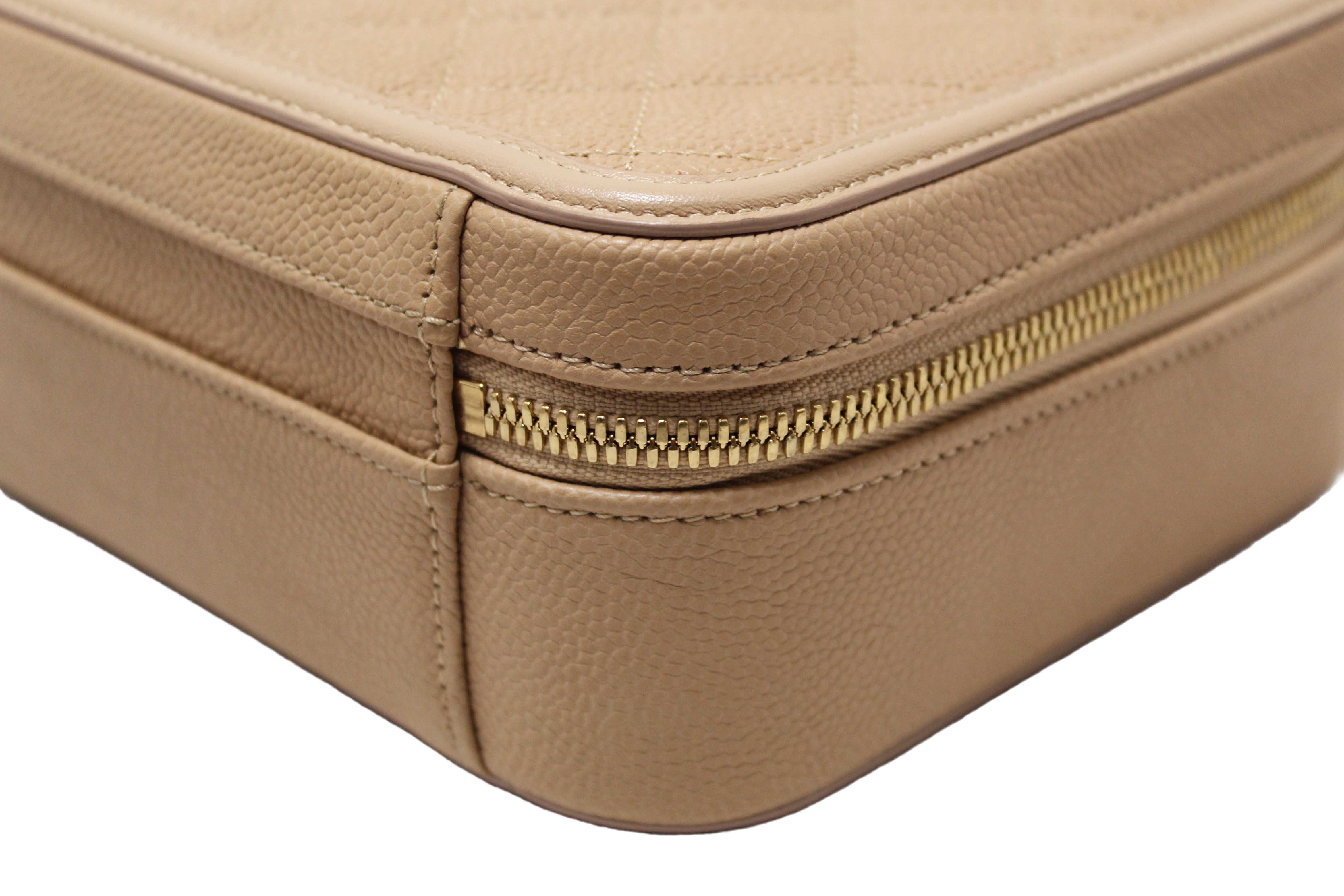 Authentic Chanel Beige Quilted Caviar Leather Medium CC Filigree Vanity Case