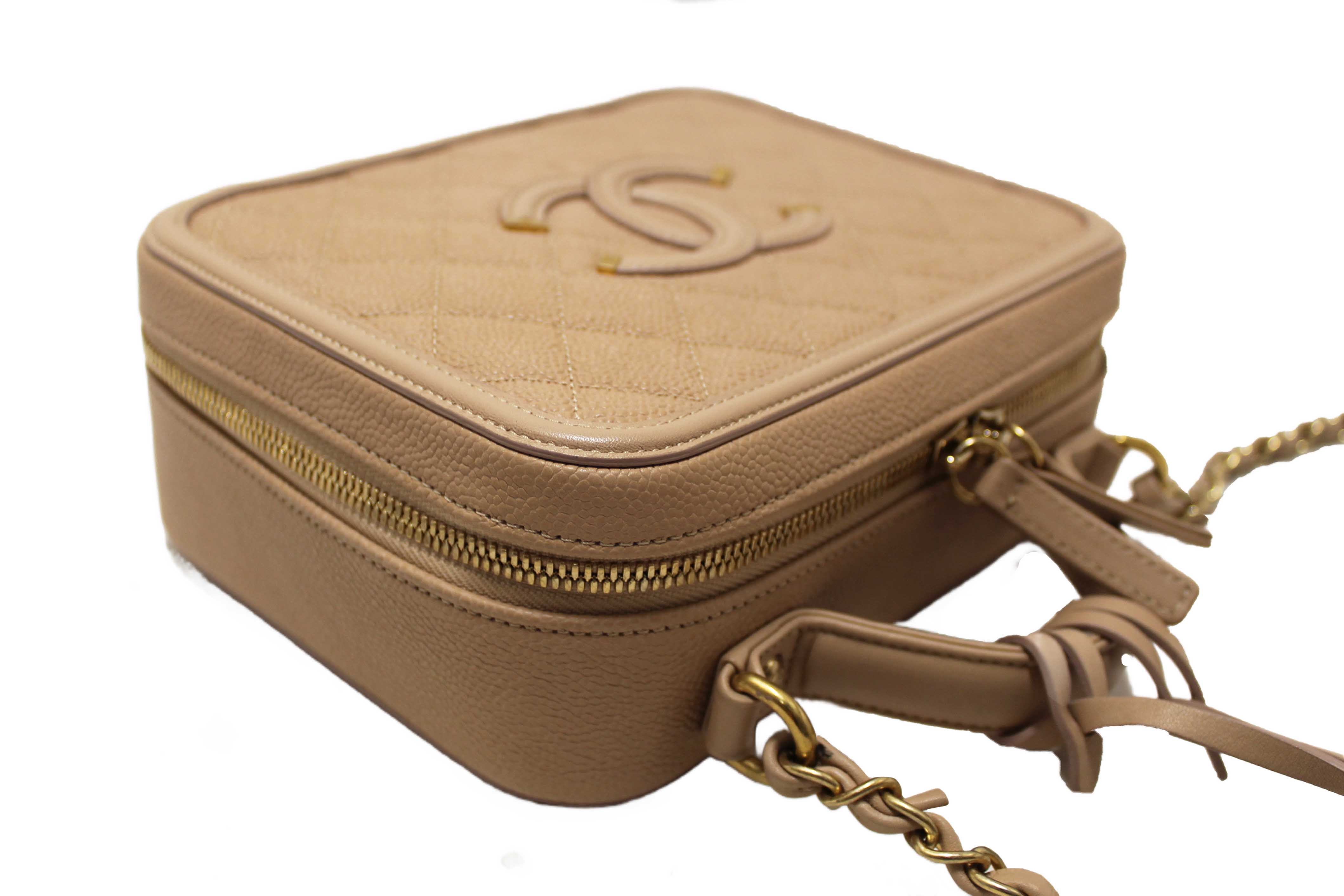 Authentic Chanel Beige Quilted Caviar Leather Medium CC Filigree Vanity Case