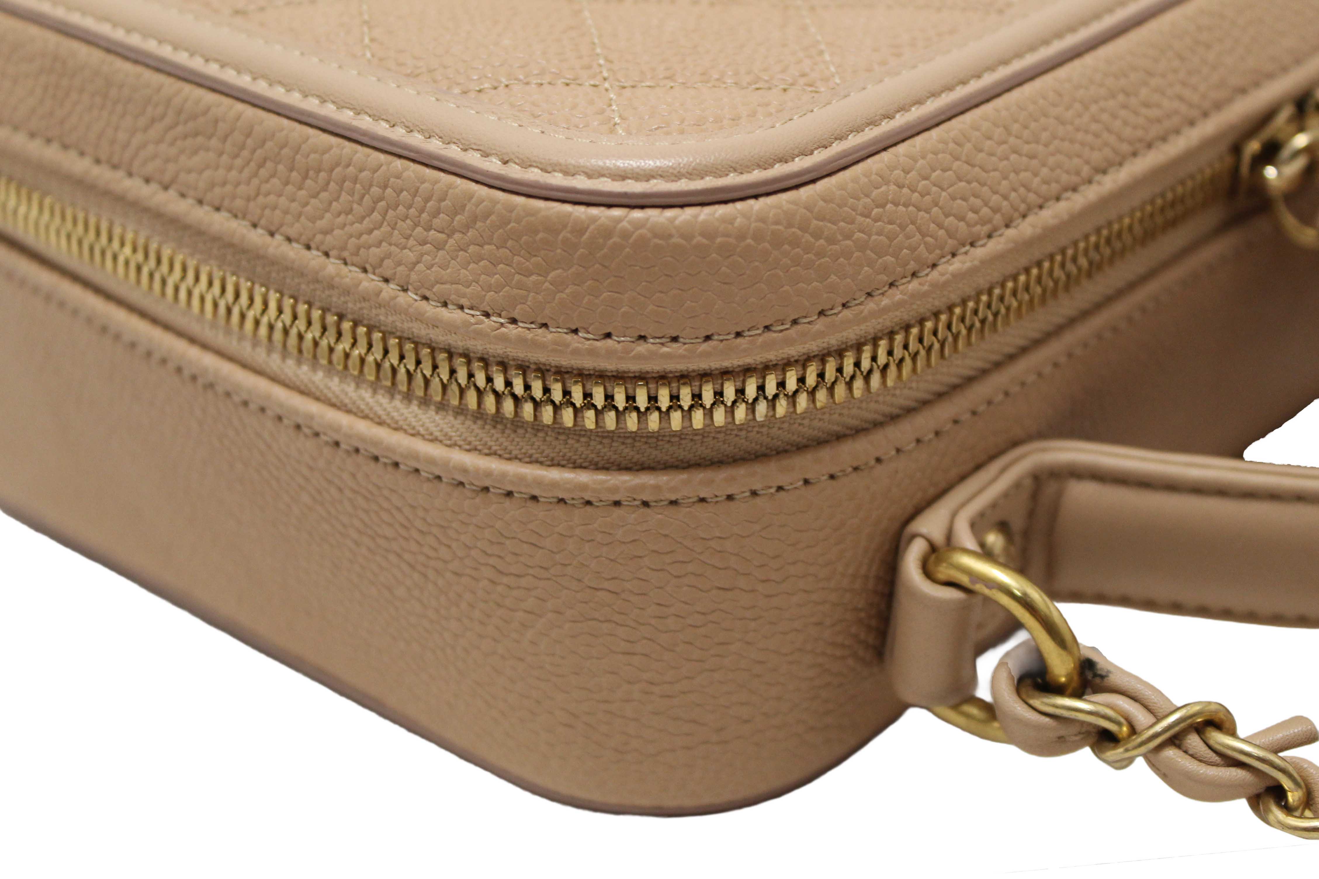 Authentic Chanel Beige Quilted Caviar Leather Medium CC Filigree Vanity Case