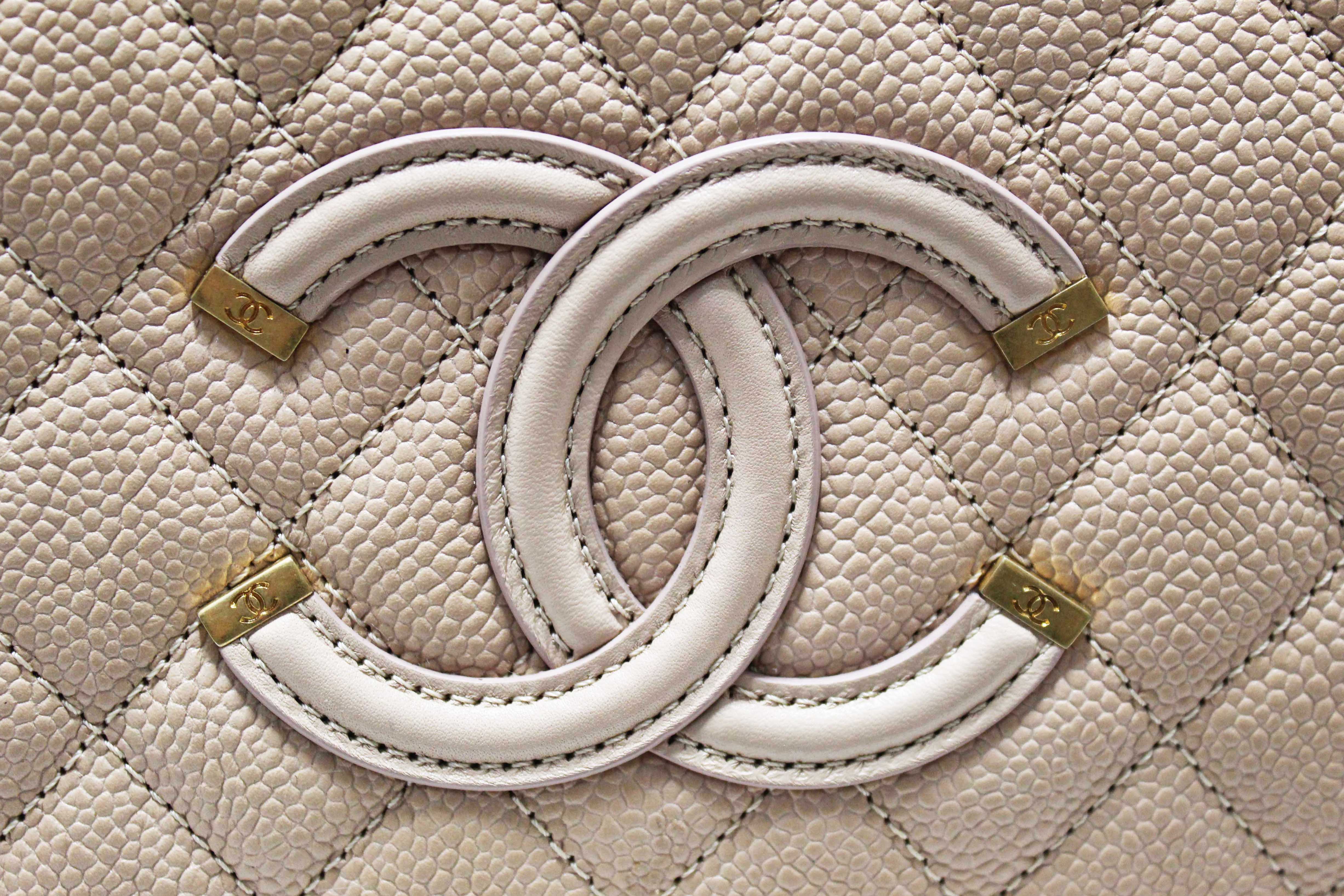 Authentic Chanel Beige Quilted Caviar Leather Medium CC Filigree Vanity Case