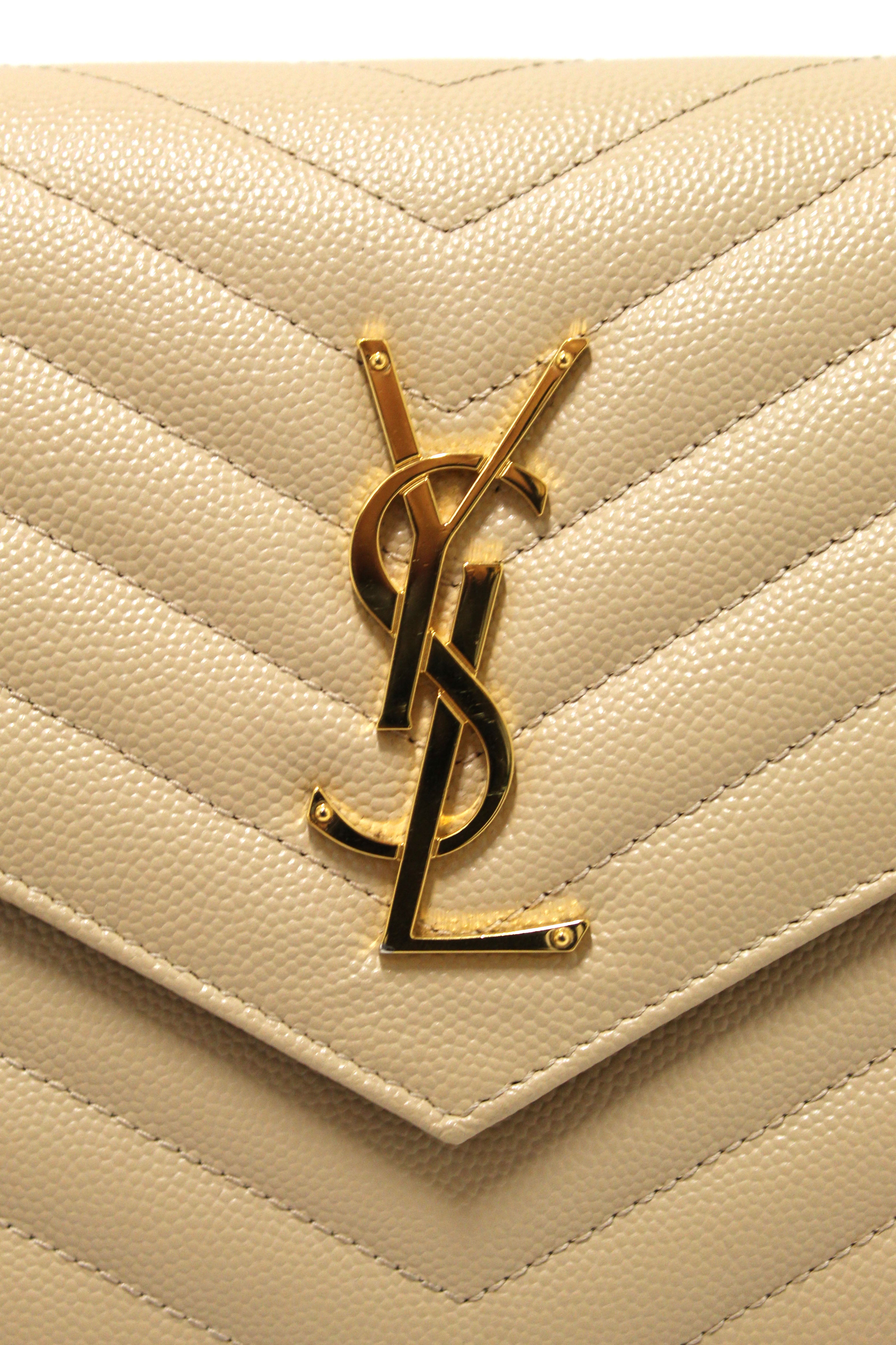 Authentic Saint Laurent Beige Matelasse Grain De Poudre Chevron Chain Wallet Crossbody Bag