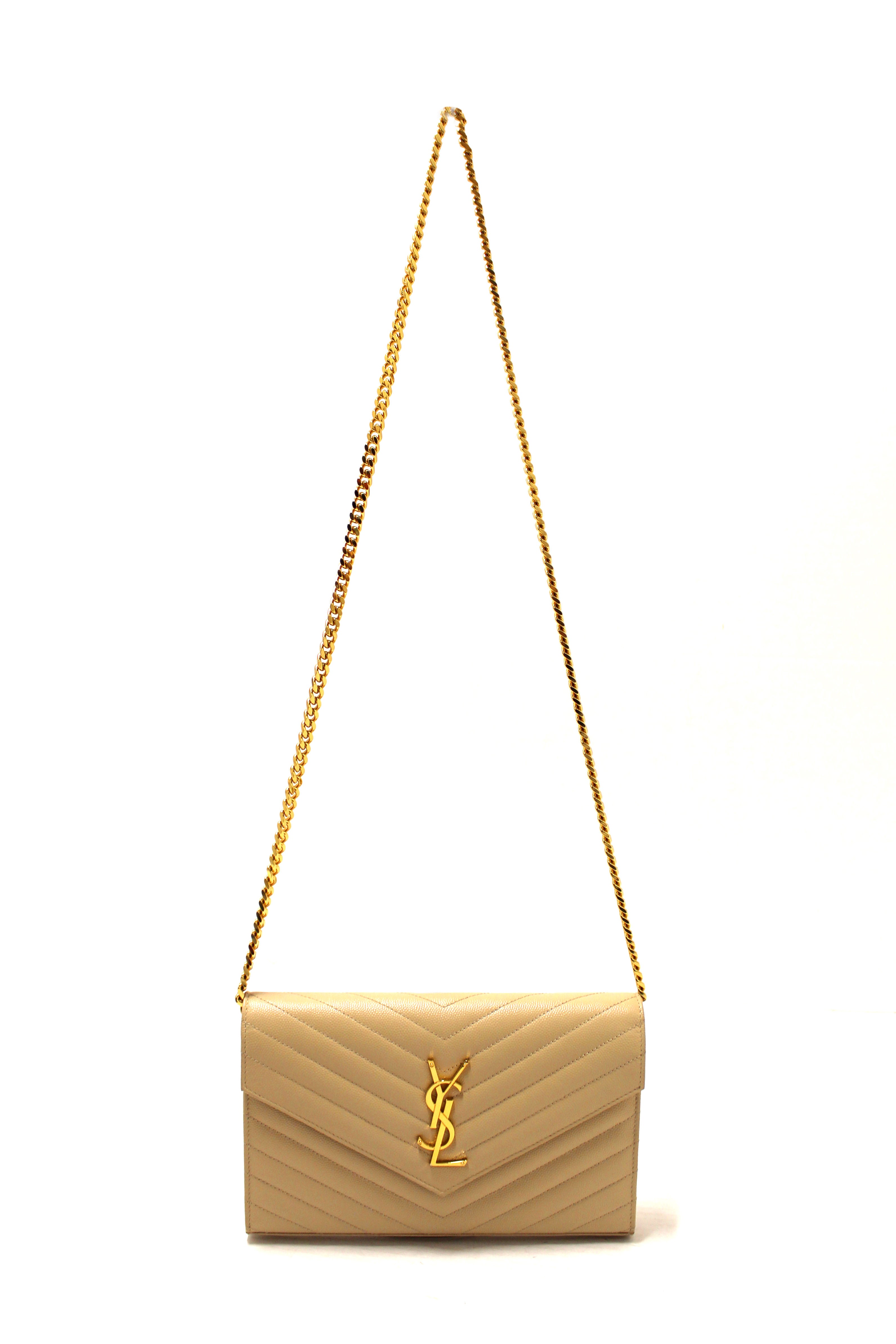 Authentic Saint Laurent Beige Matelasse Grain De Poudre Chevron Chain Wallet Crossbody Bag