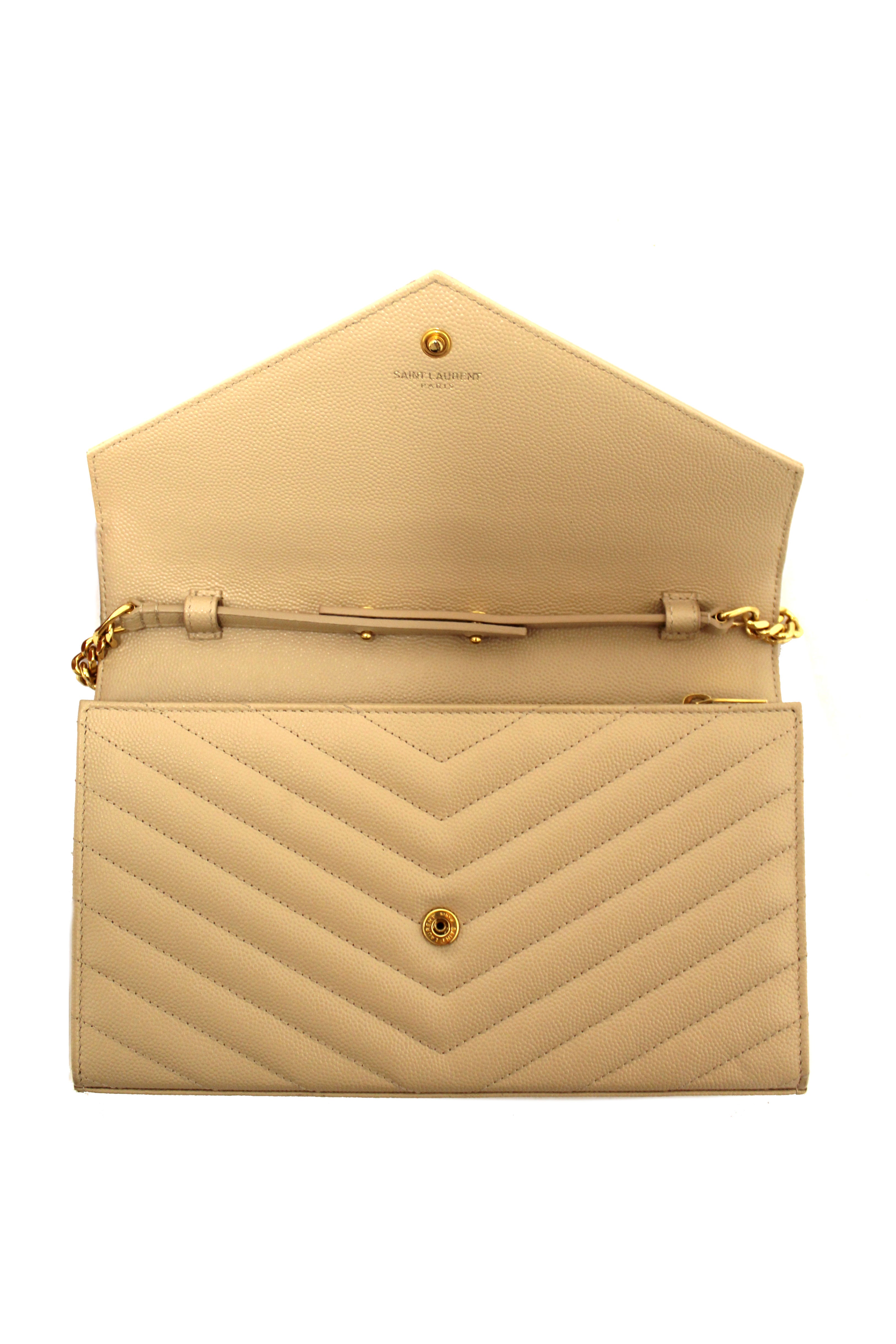 Authentic Saint Laurent Beige Matelasse Grain De Poudre Chevron Chain Wallet Crossbody Bag