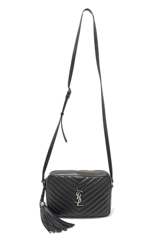 Authentic YSL Saint Laurent Black Quilted Calfskin Leather Lou Camera Messenger Bag