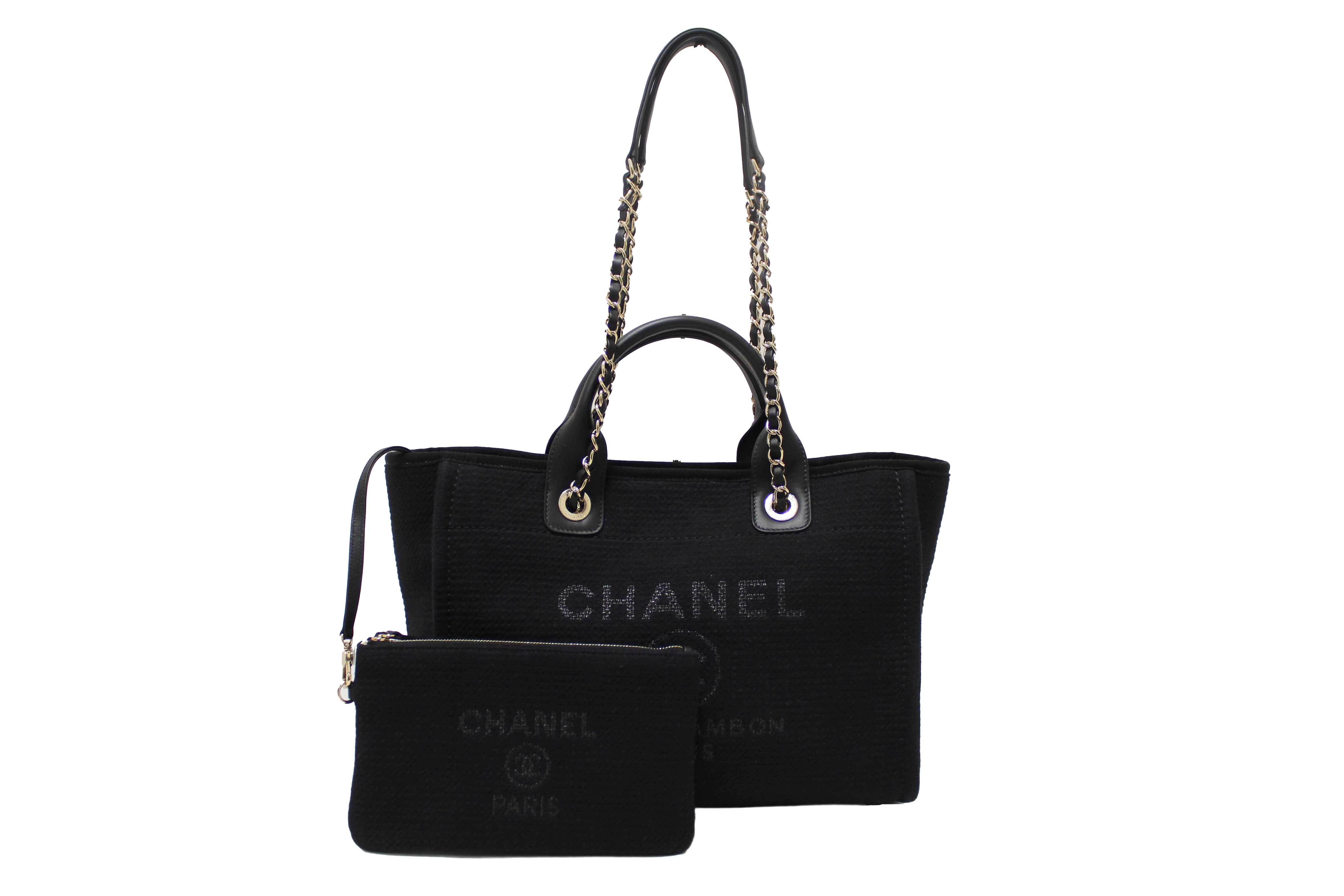 Authentic NEW Chanel Black Mixed Fibers Small Deauville Shopper Tote Bag