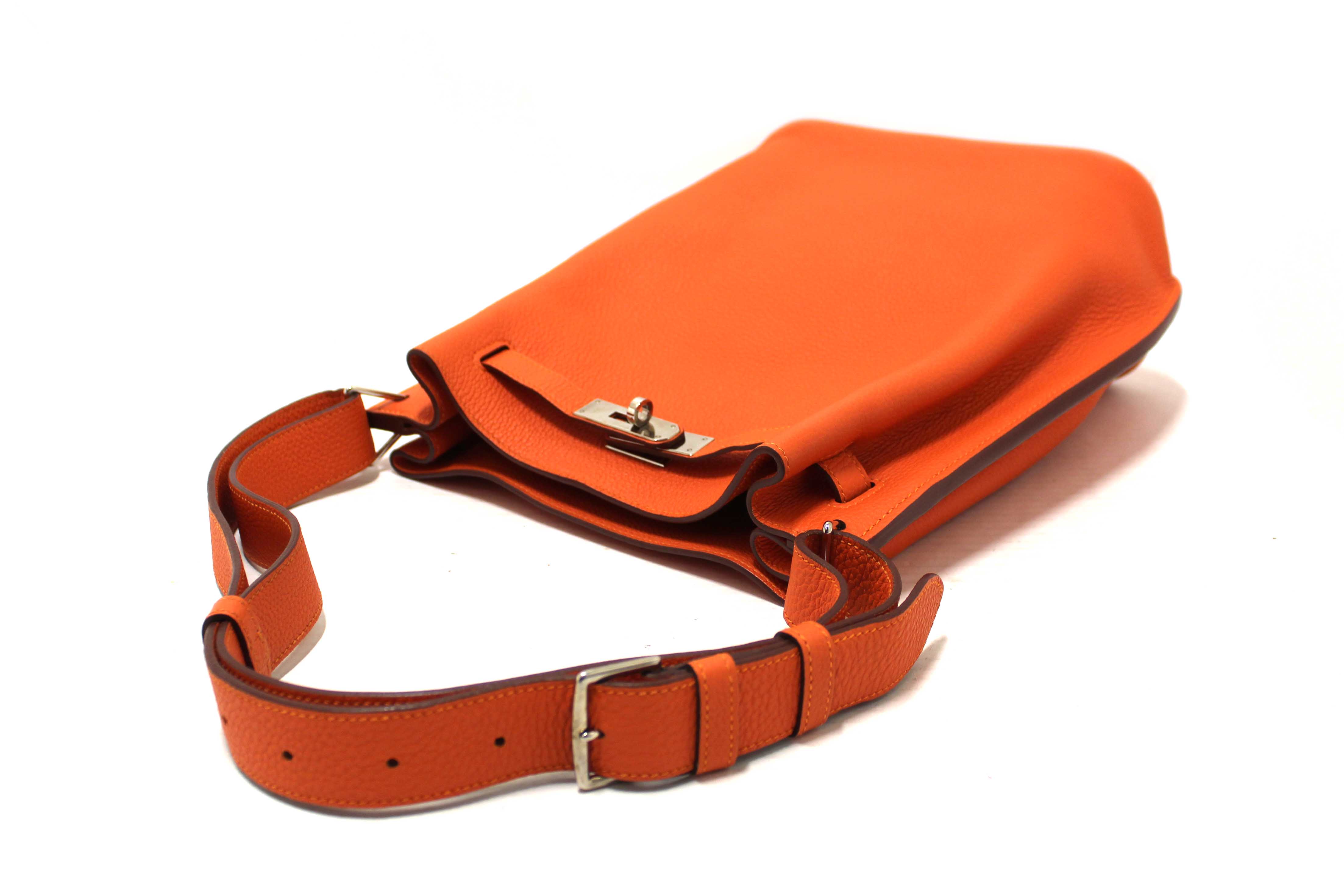 Authentic Hermes Orange Togo Leather Palladium Plated So Kelly 22 Bag