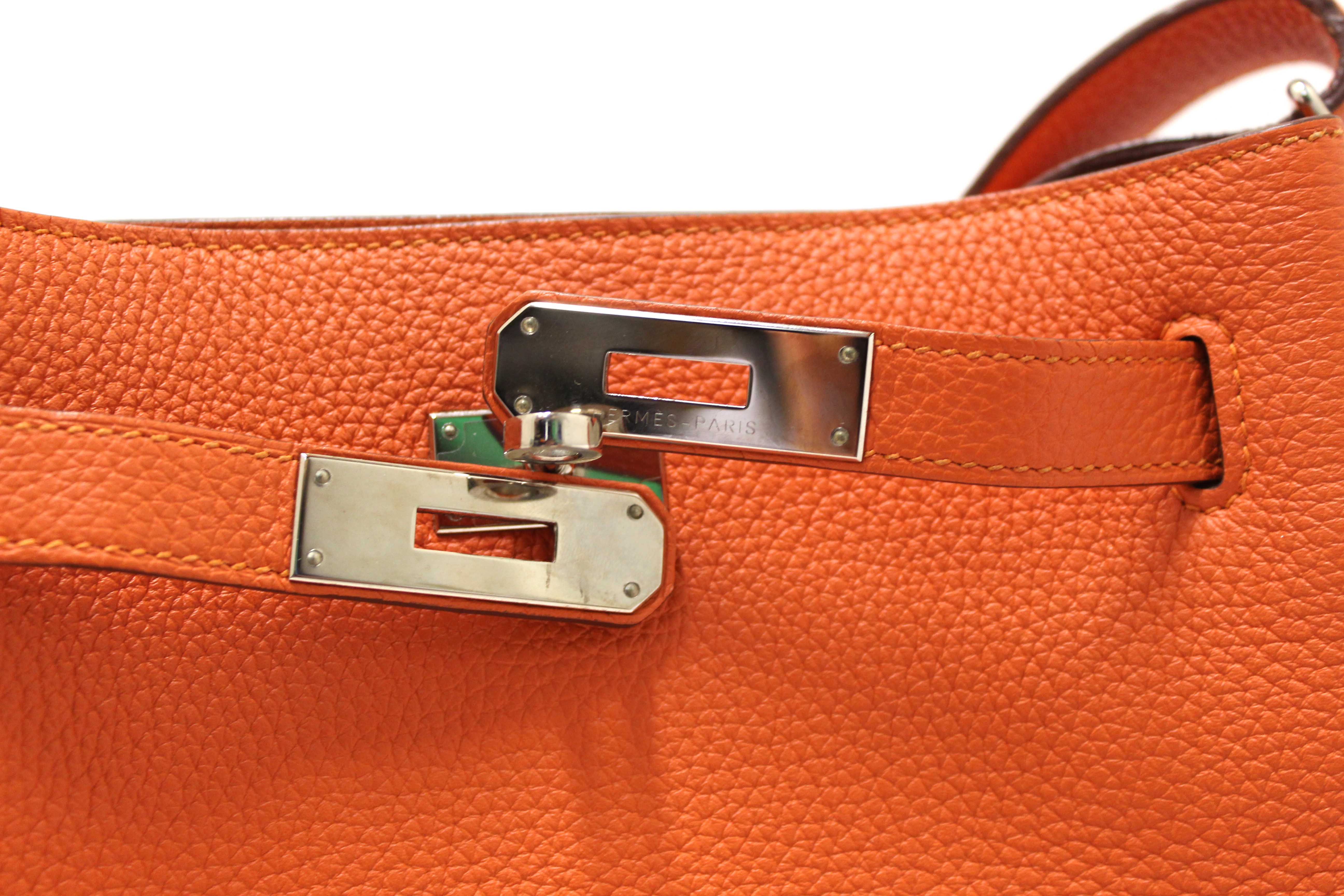 Authentic Hermes Orange Togo Leather Palladium Plated So Kelly 22 Bag