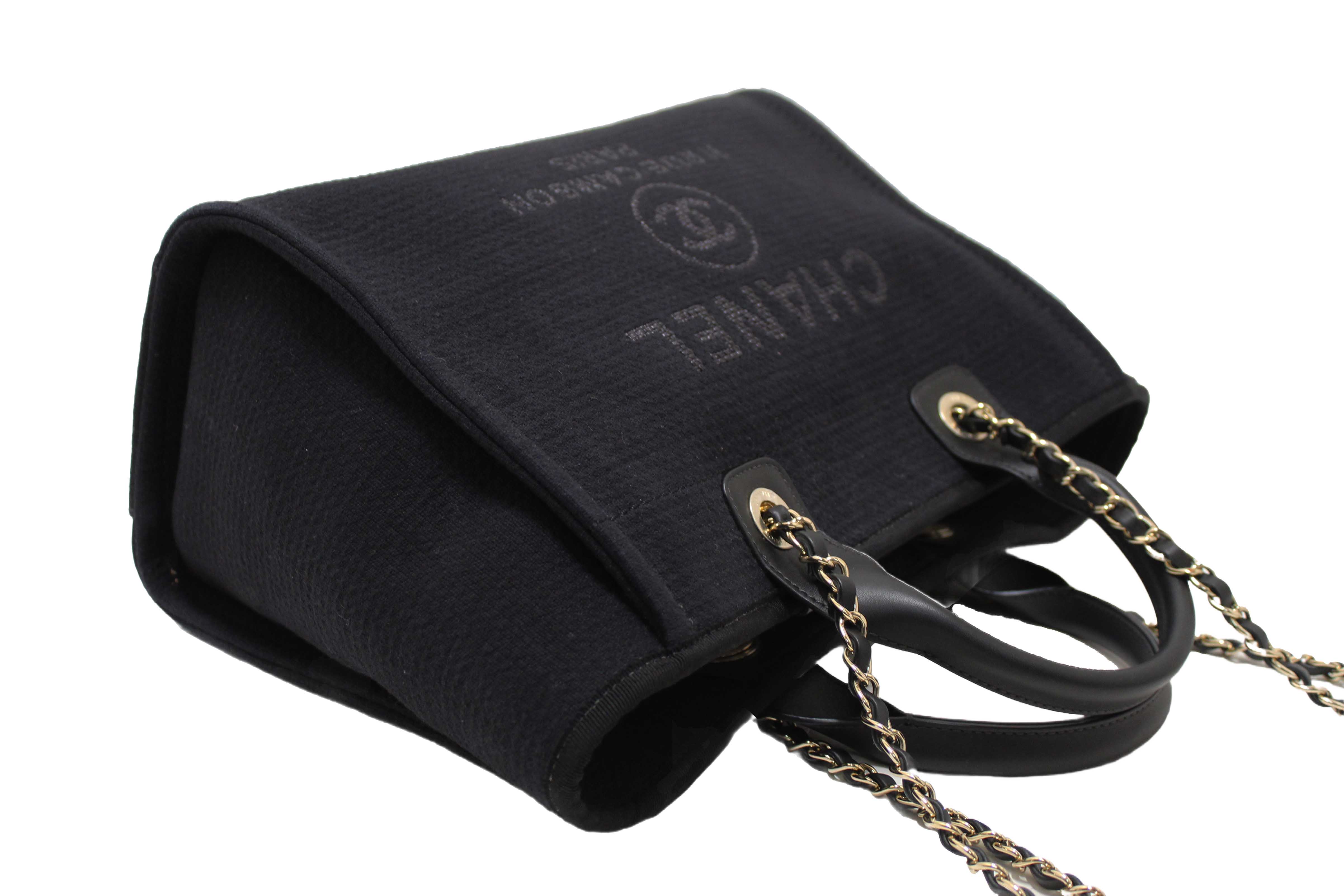 Authentic NEW Chanel Black Mixed Fibers Small Deauville Shopper Tote Bag