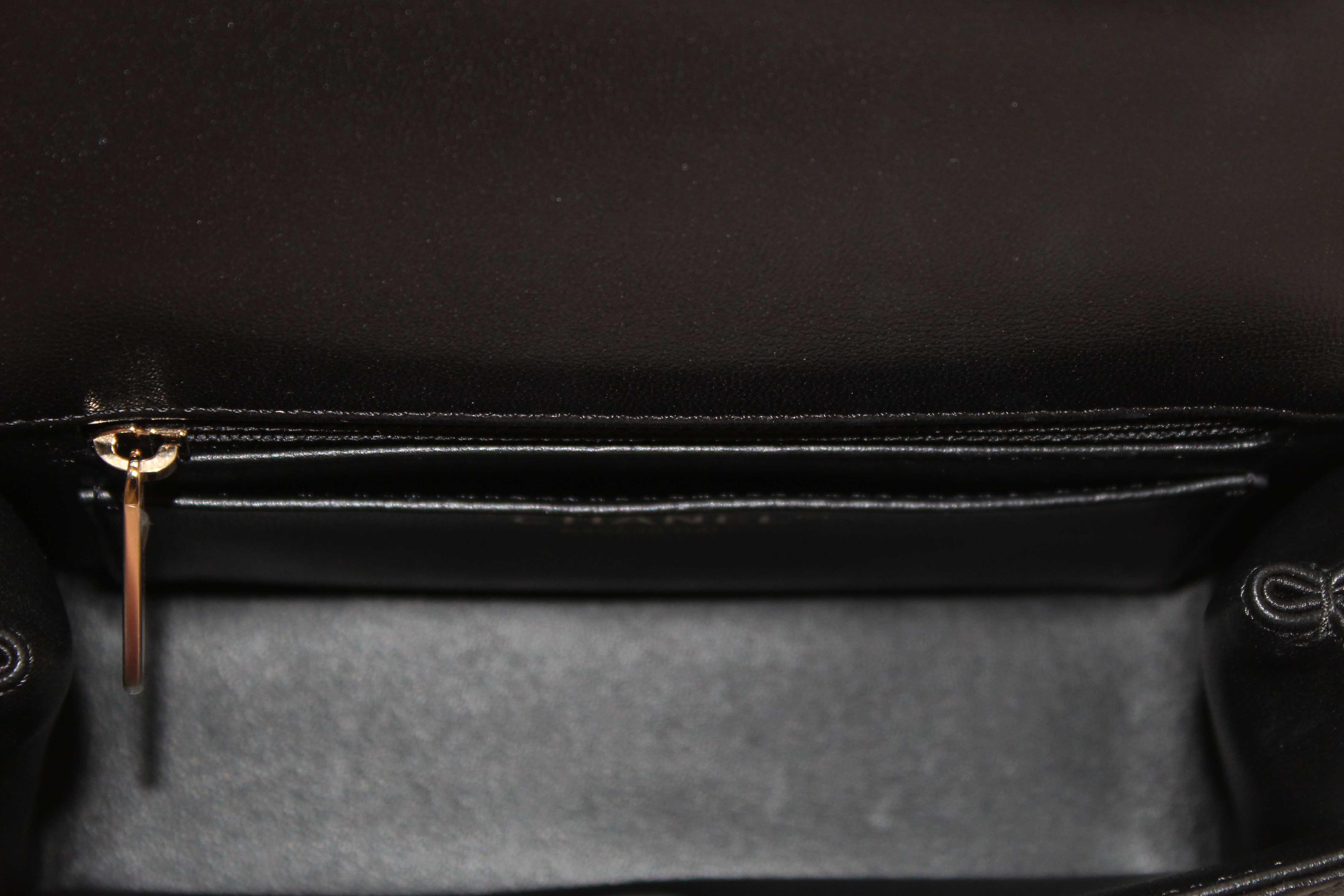 Authentic Chanel Black Quilted Lambskin Leather Classic Mini Rectangular Crystal Top Handle Flap Bag