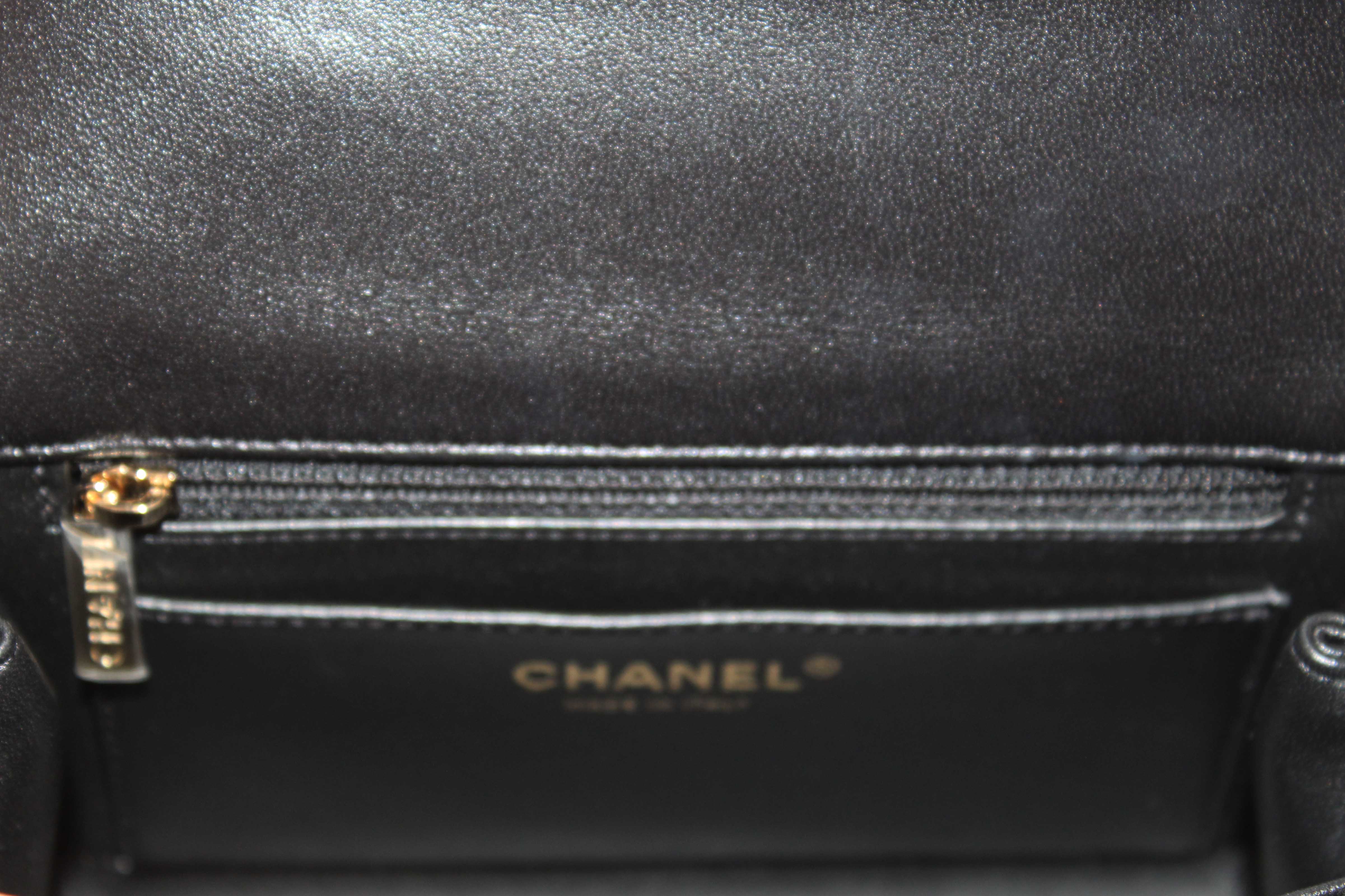 Authentic Chanel Black Quilted Lambskin Leather Classic Mini Rectangular Crystal Top Handle Flap Bag