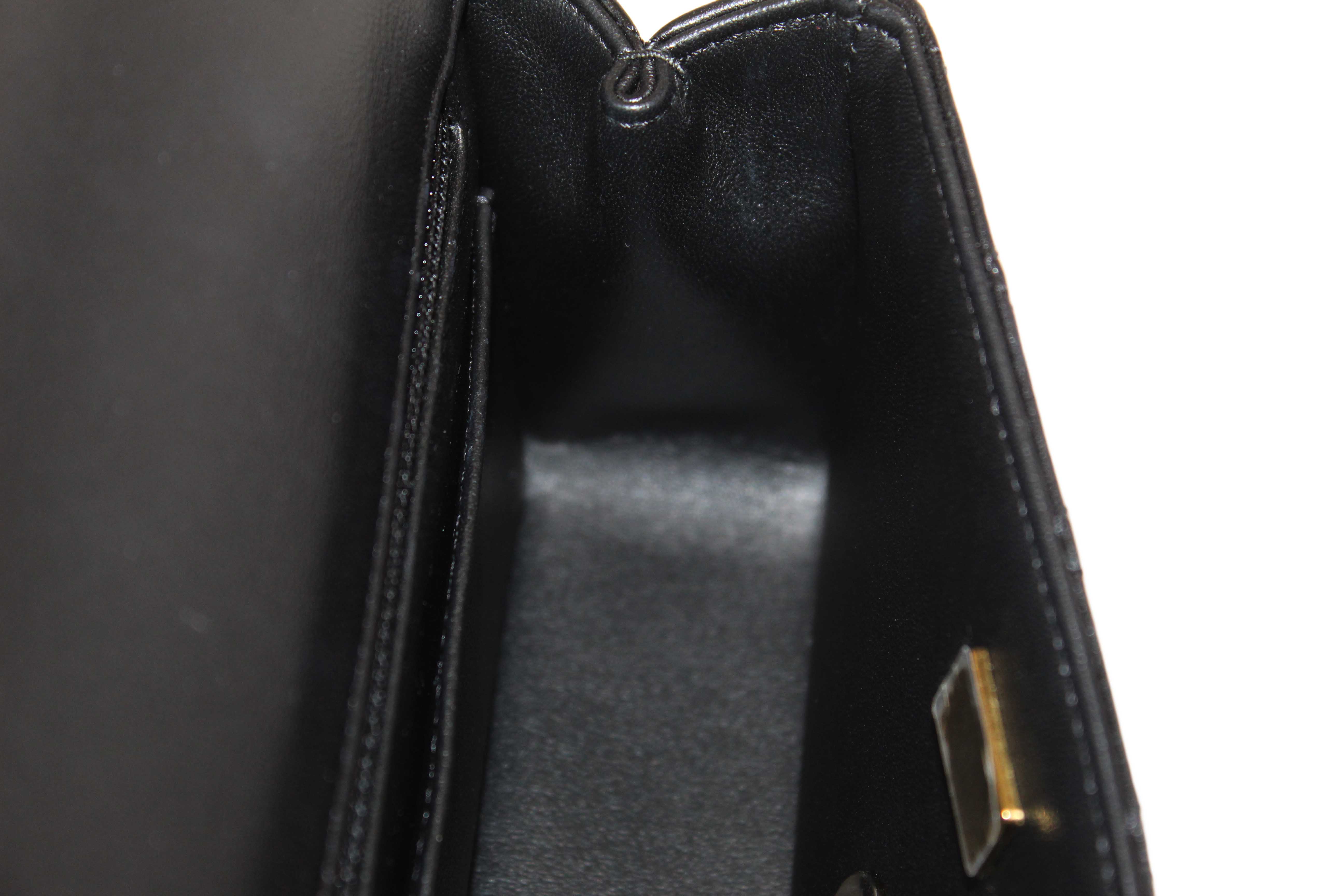 Authentic Chanel Black Quilted Lambskin Leather Classic Mini Rectangular Crystal Top Handle Flap Bag
