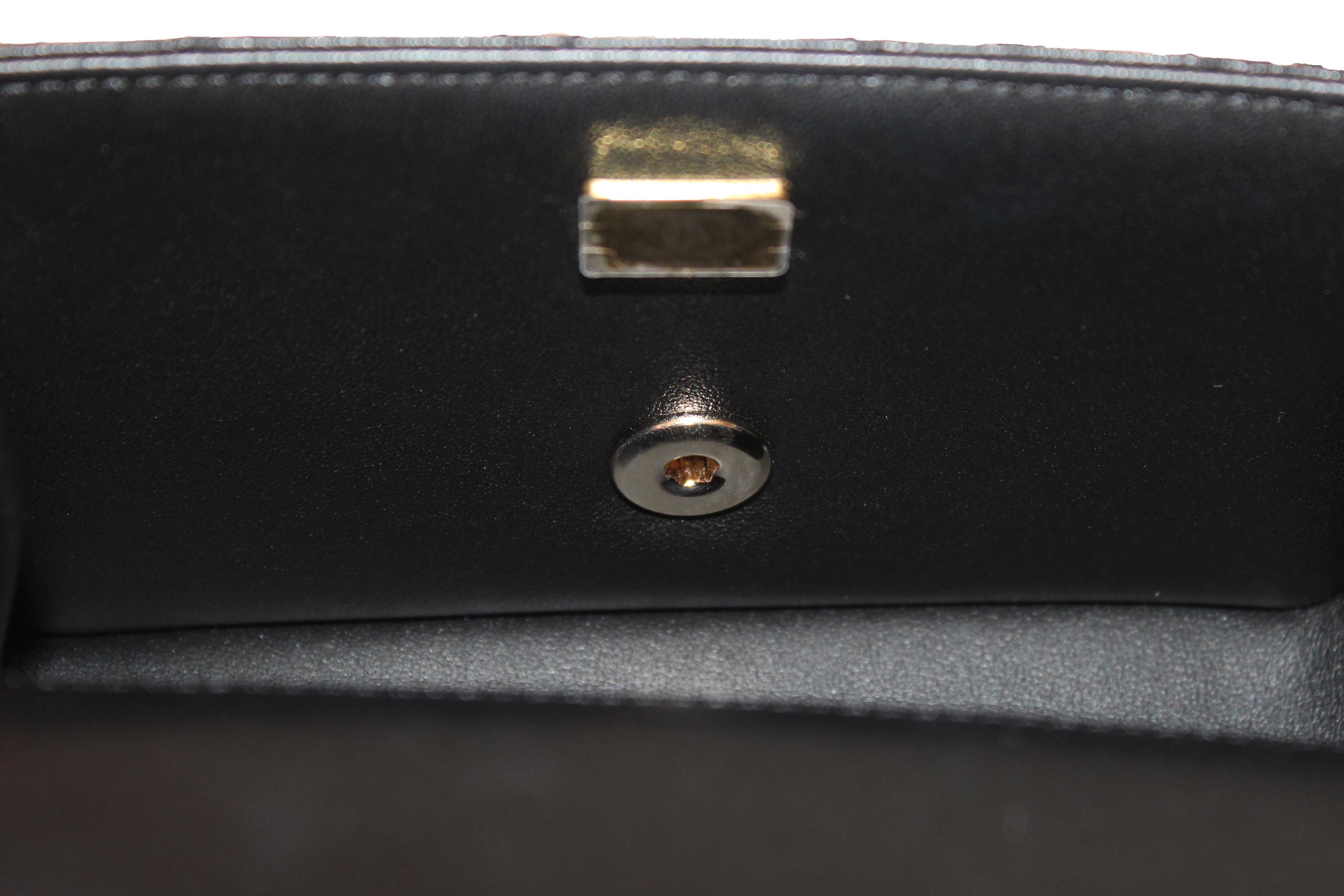 Authentic Chanel Black Quilted Lambskin Leather Classic Mini Rectangular Crystal Top Handle Flap Bag