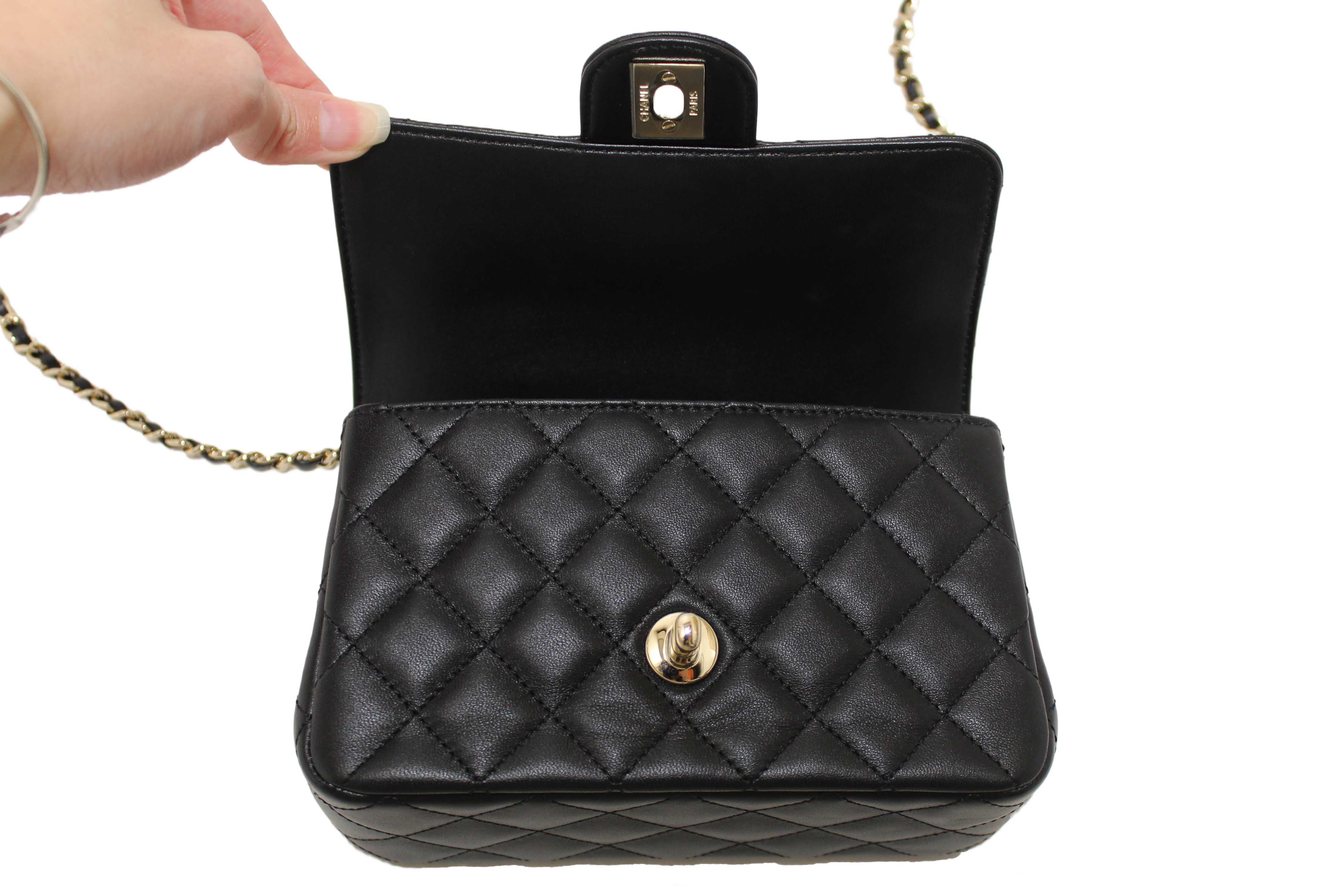 Authentic Chanel Black Quilted Lambskin Leather Classic Mini Rectangular Crystal Top Handle Flap Bag