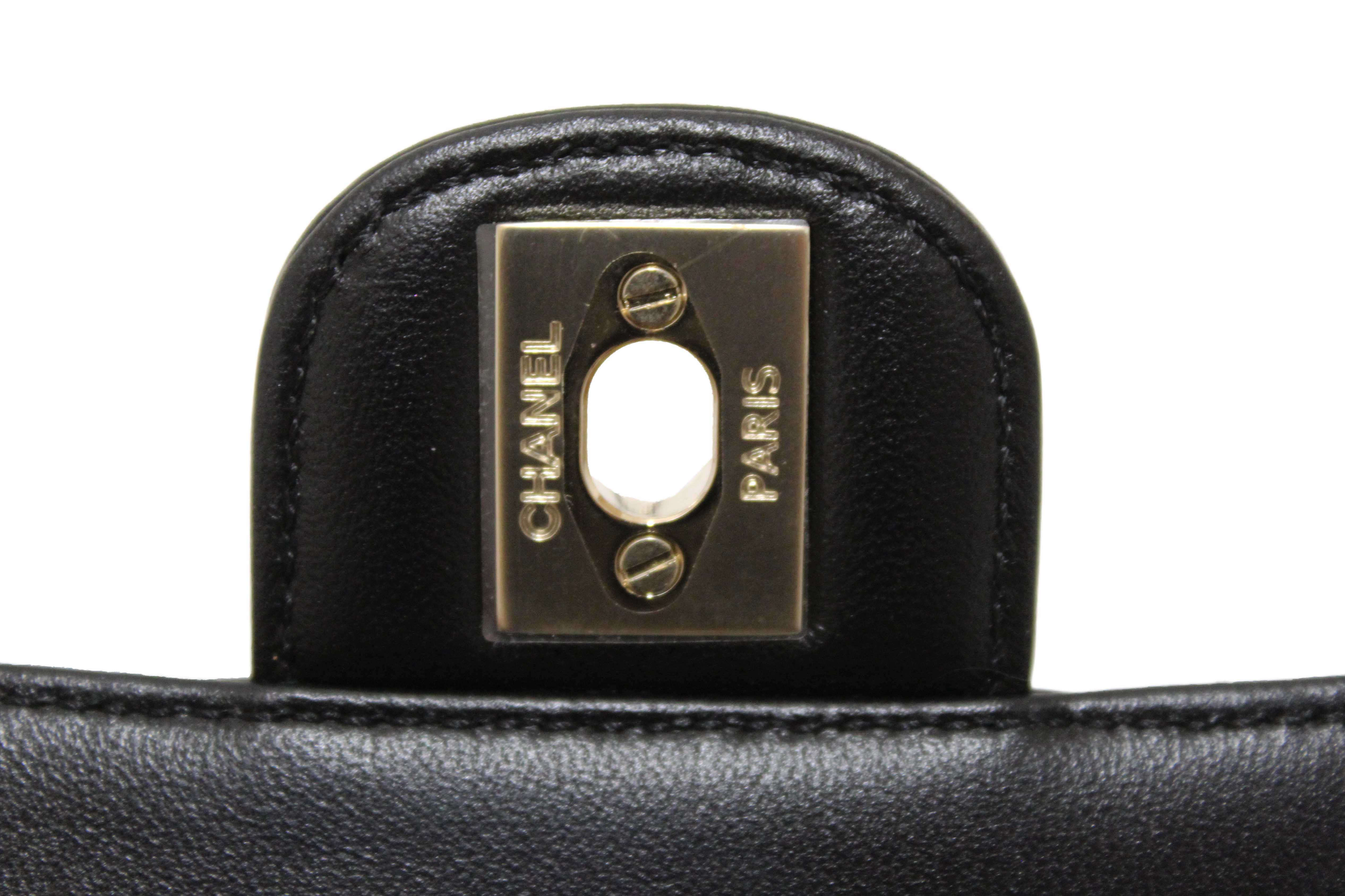 Authentic Chanel Black Quilted Lambskin Leather Classic Mini Rectangular Crystal Top Handle Flap Bag