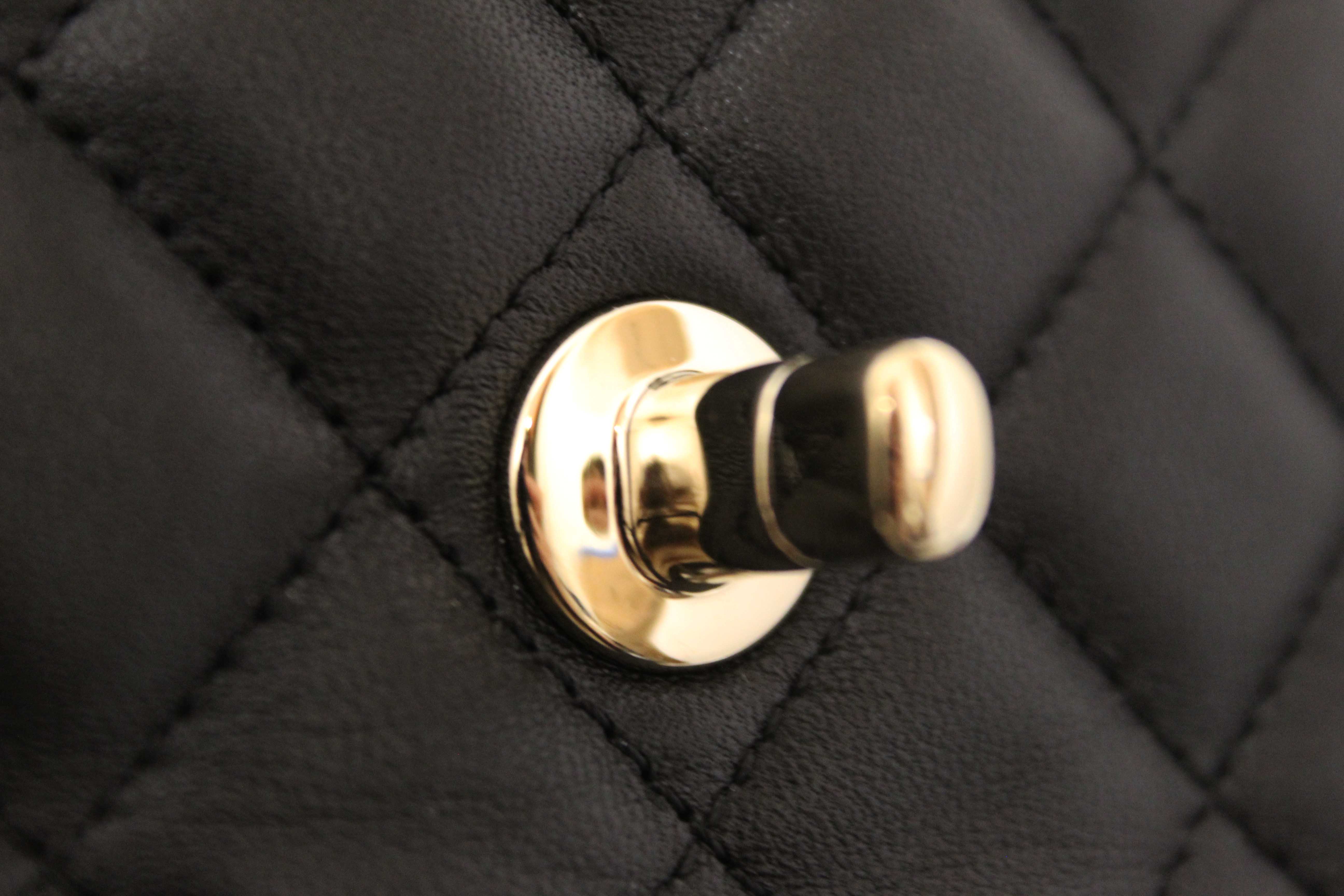 Authentic Chanel Black Quilted Lambskin Leather Classic Mini Rectangular Crystal Top Handle Flap Bag