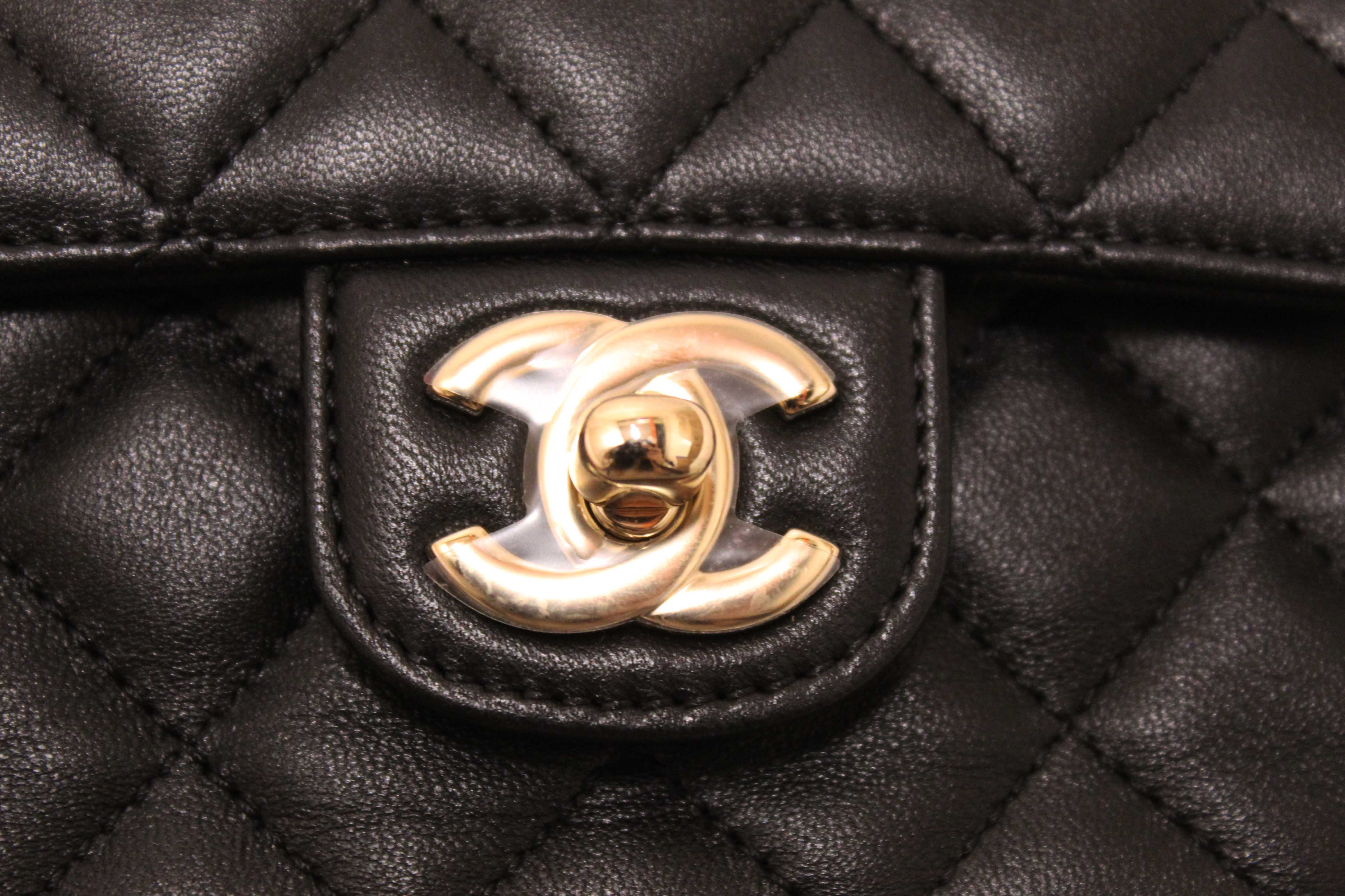 Authentic Chanel Black Quilted Lambskin Leather Classic Mini Rectangular Crystal Top Handle Flap Bag