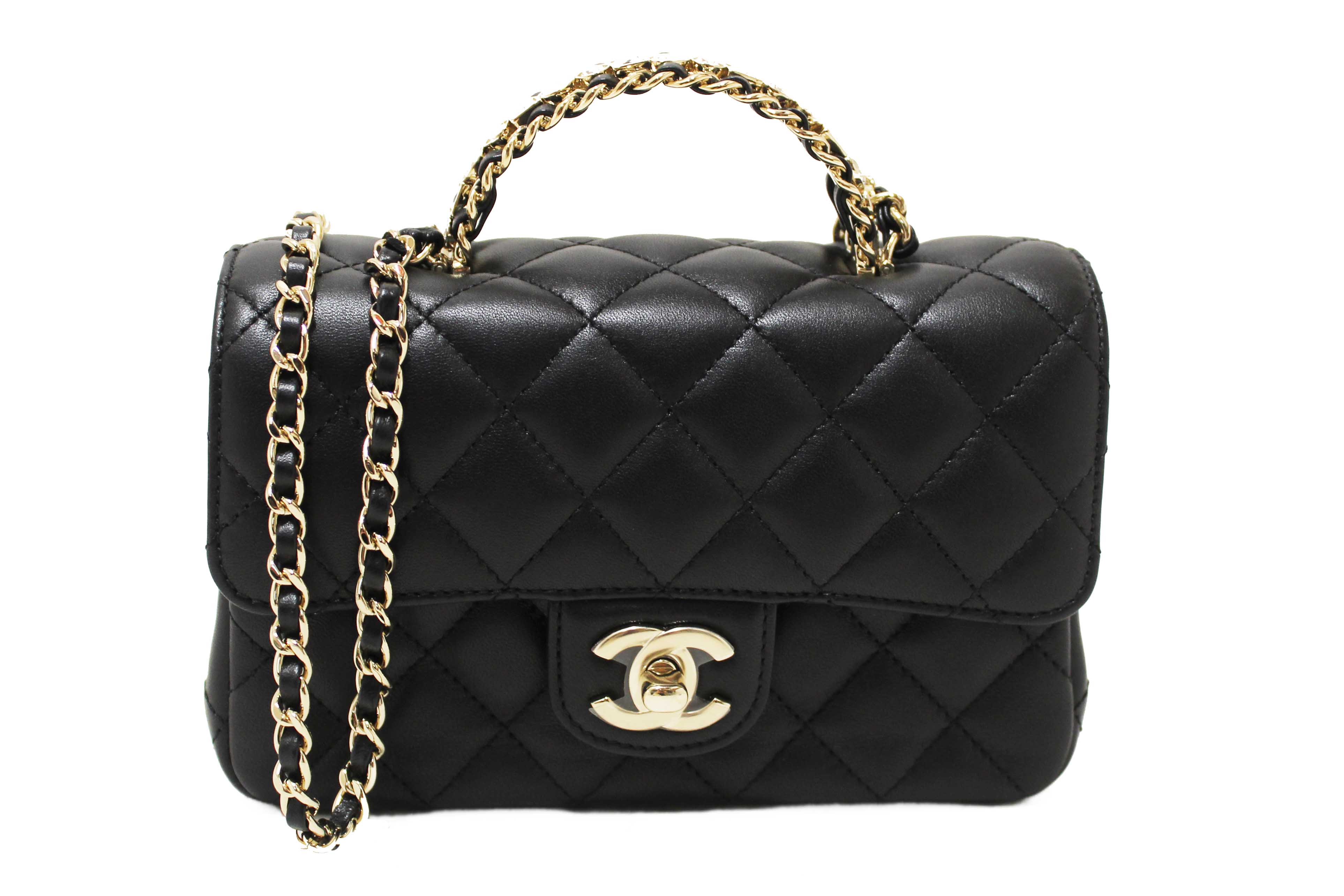 Authentic Chanel Black Quilted Lambskin Leather Classic Mini Rectangular Crystal Top Handle Flap Bag