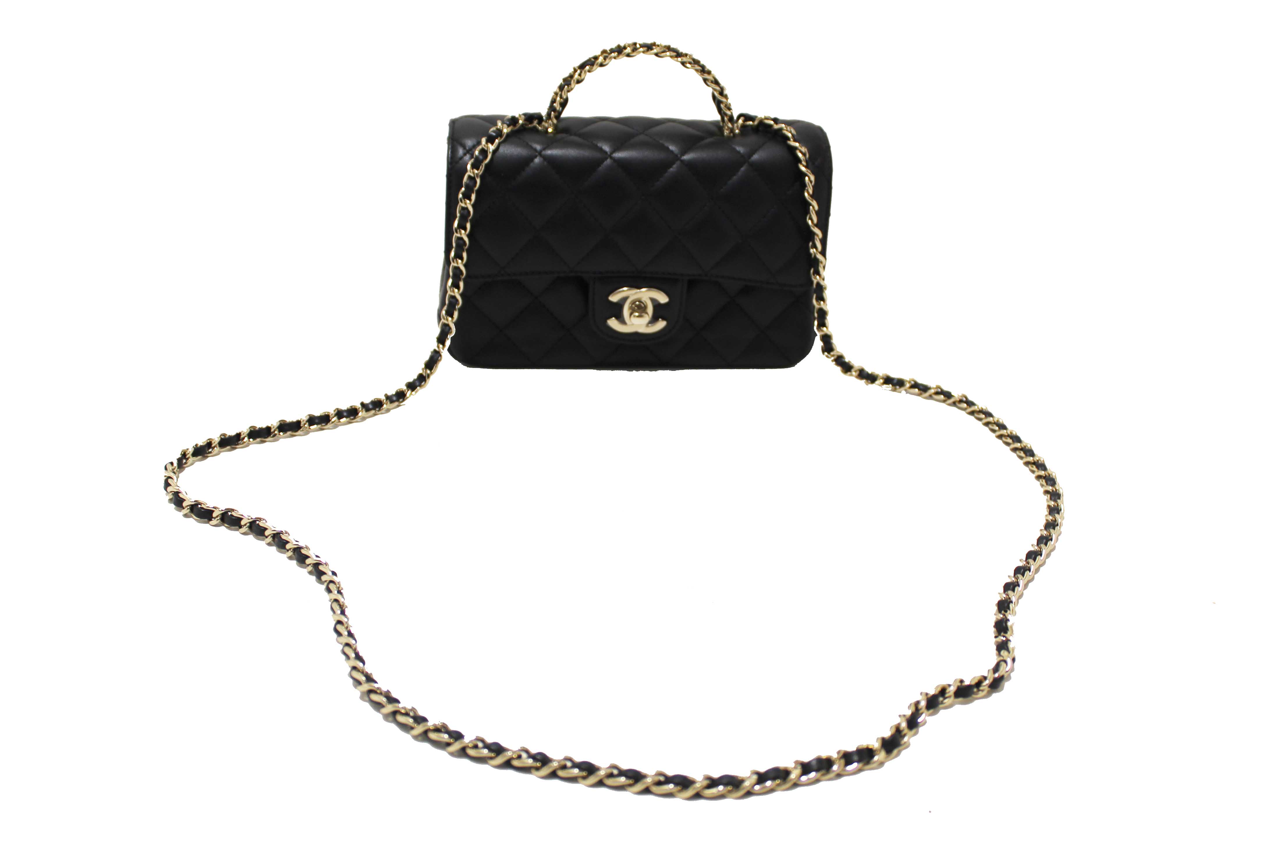 Authentic Chanel Black Quilted Lambskin Leather Classic Mini Rectangular Crystal Top Handle Flap Bag