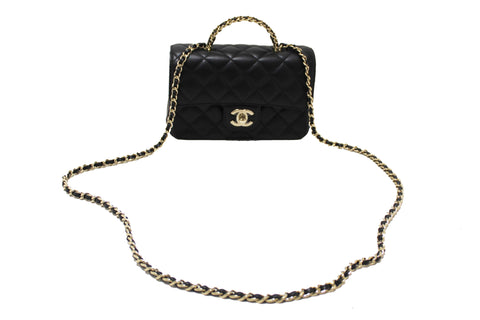 Authentic Chanel Black Quilted Lambskin Leather Classic Mini Rectangular Crystal Top Handle Flap Bag