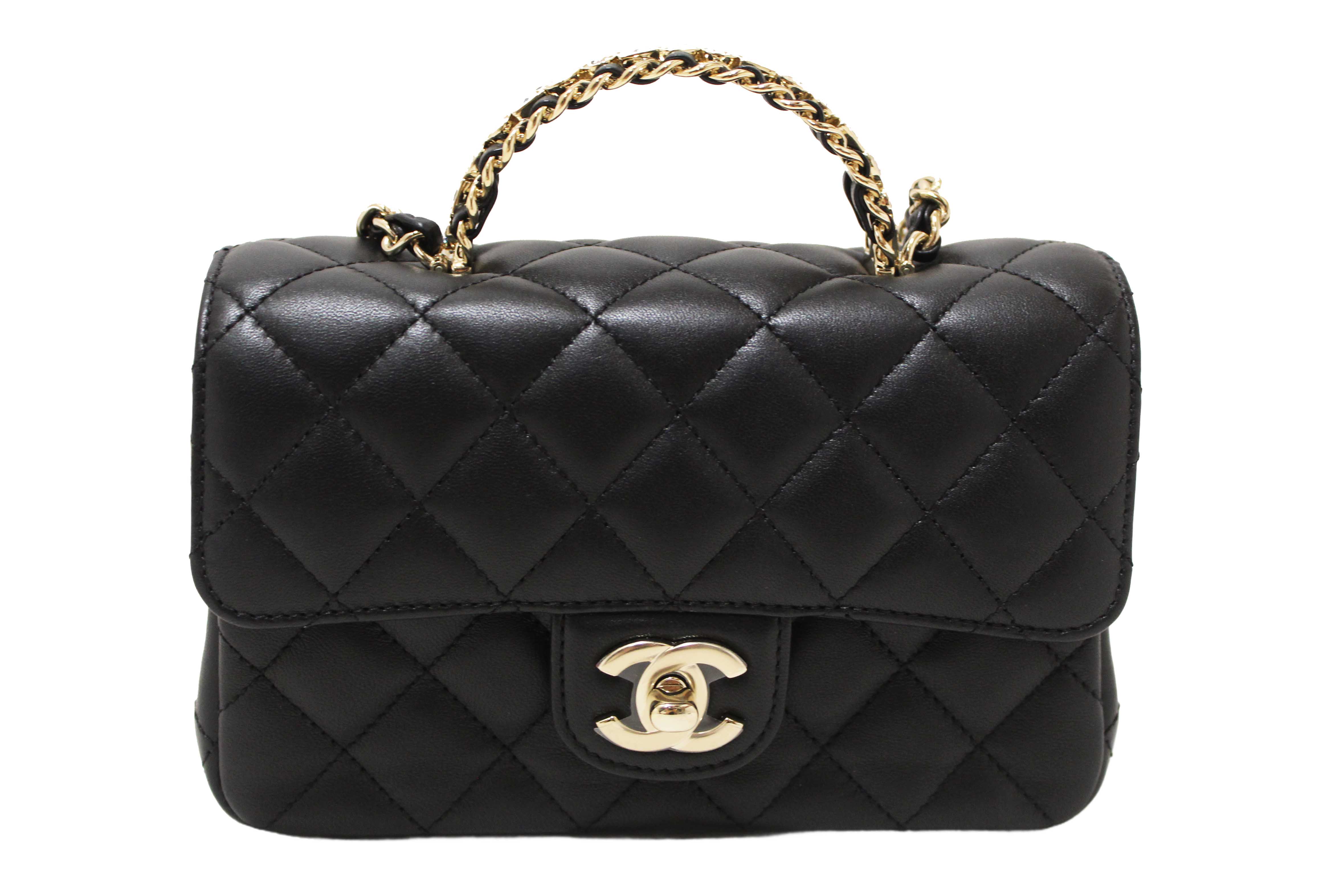 Authentic Chanel Black Quilted Lambskin Leather Classic Mini Rectangular Crystal Top Handle Flap Bag