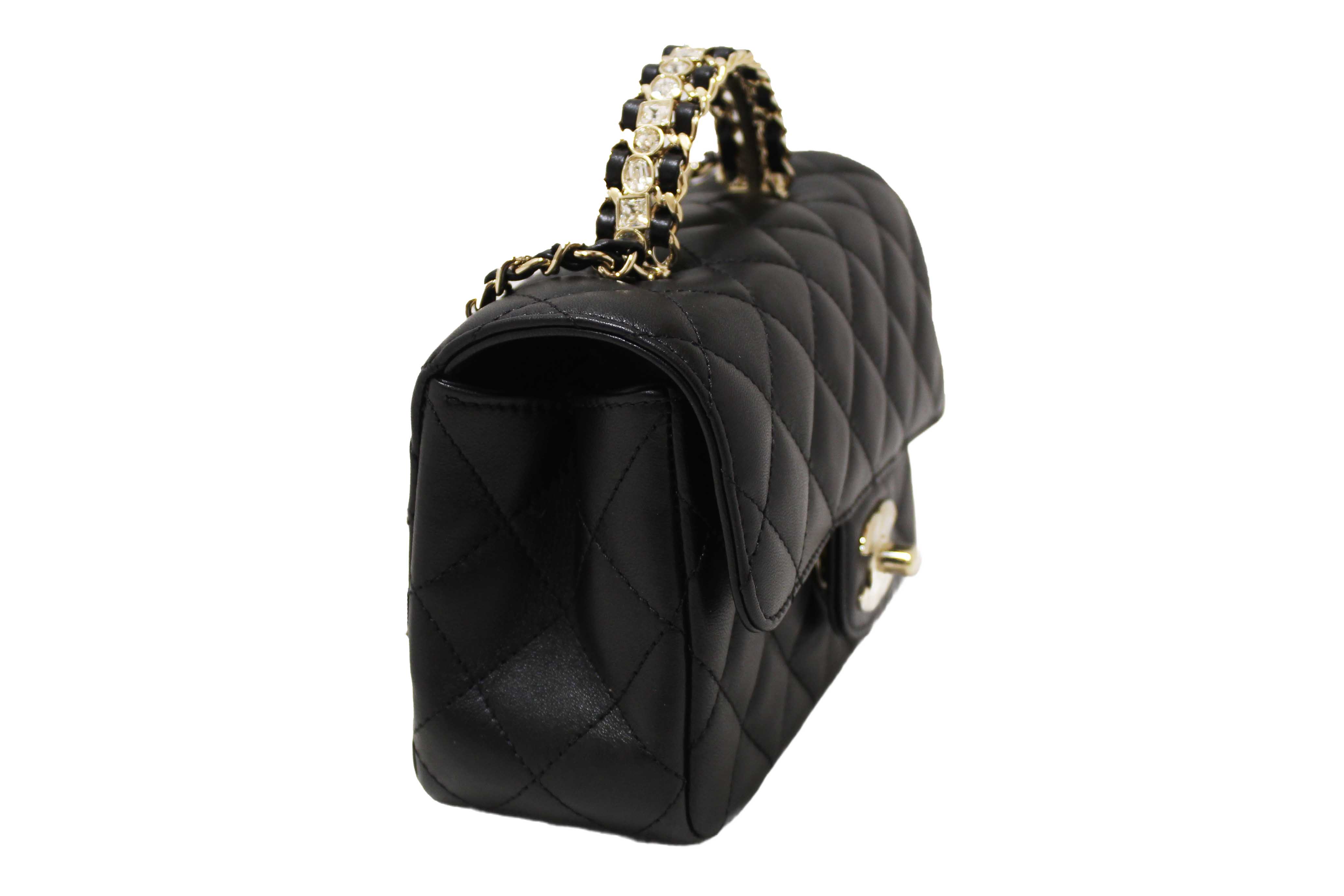 Authentic Chanel Black Quilted Lambskin Leather Classic Mini Rectangular Crystal Top Handle Flap Bag