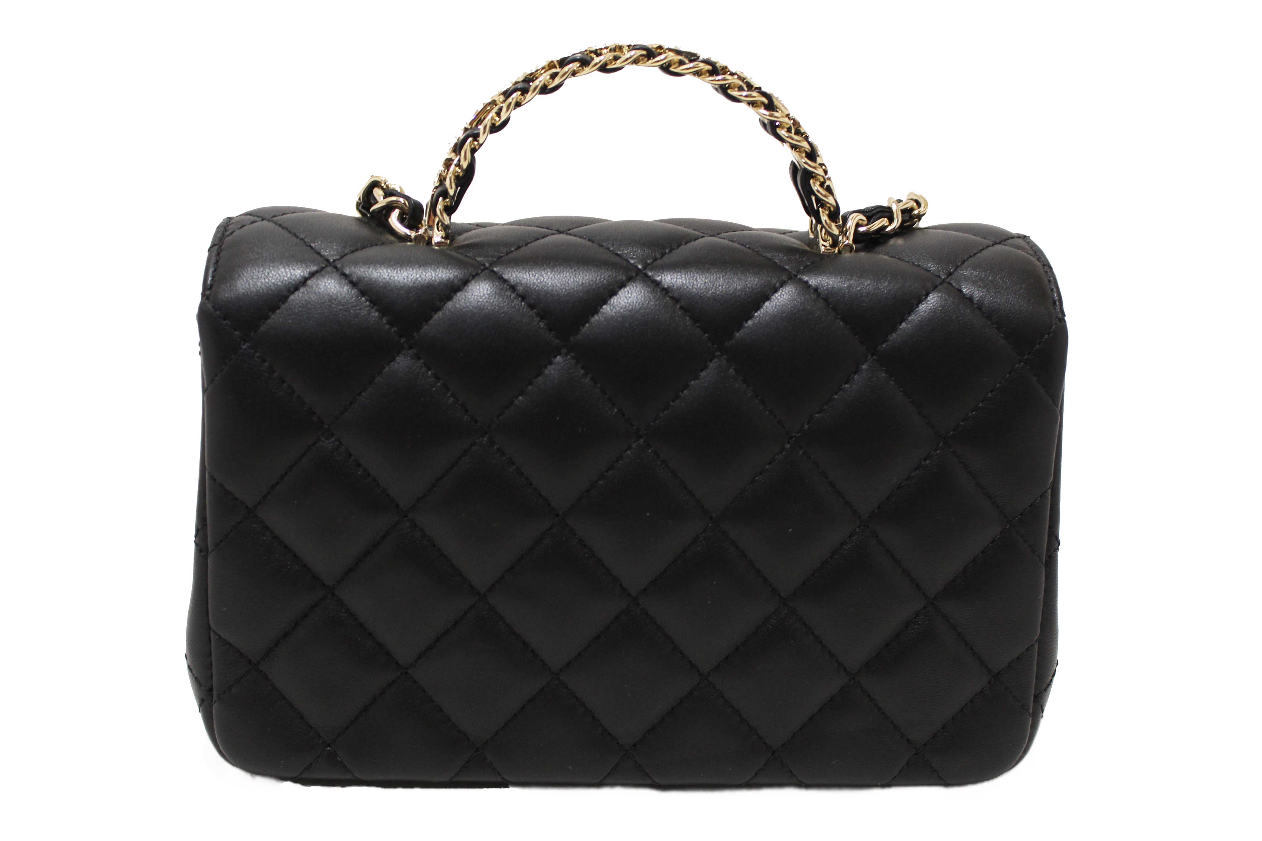 Authentic Chanel Black Quilted Lambskin Leather Classic Mini Rectangular Crystal Top Handle Flap Bag