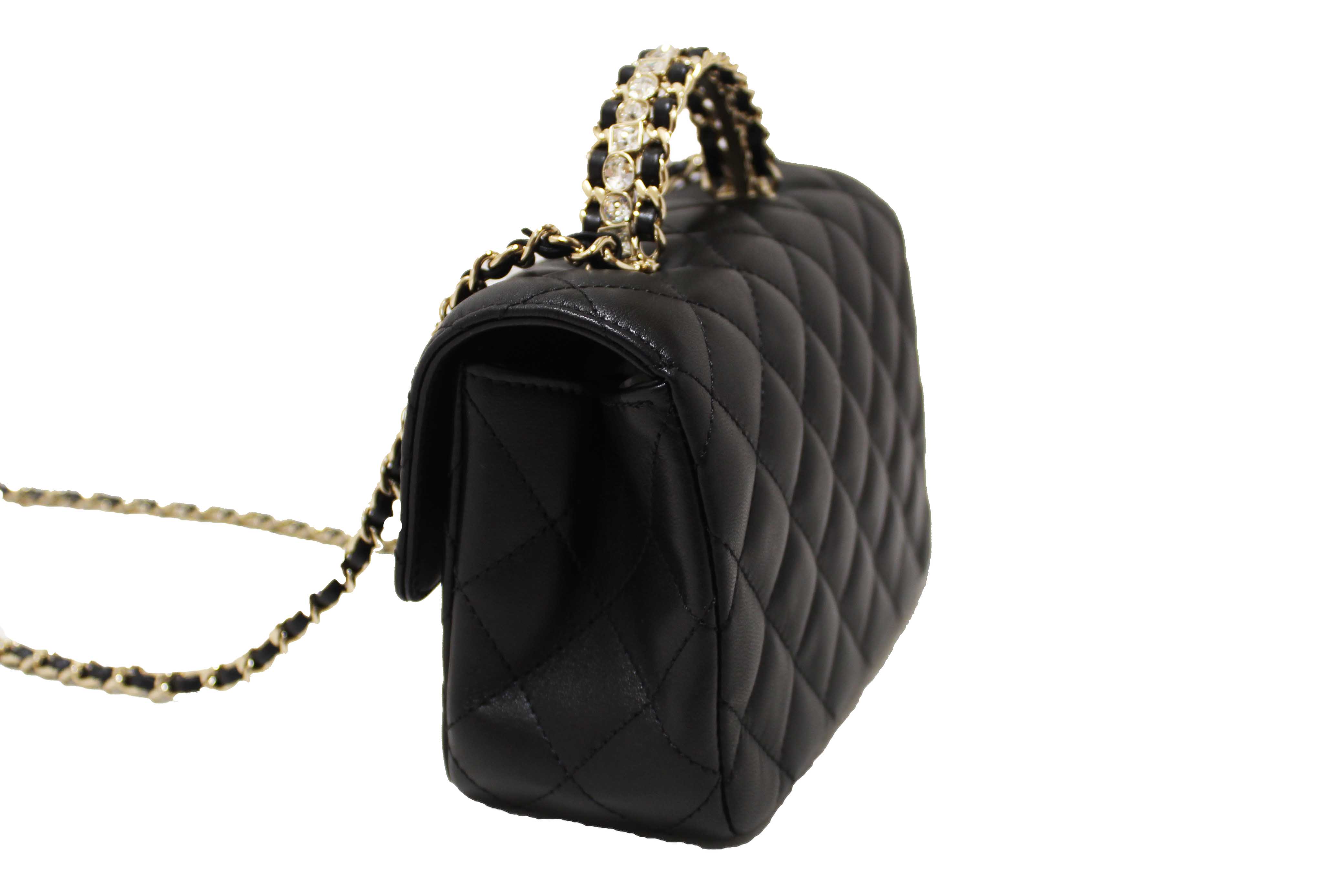 Authentic Chanel Black Quilted Lambskin Leather Classic Mini Rectangular Crystal Top Handle Flap Bag