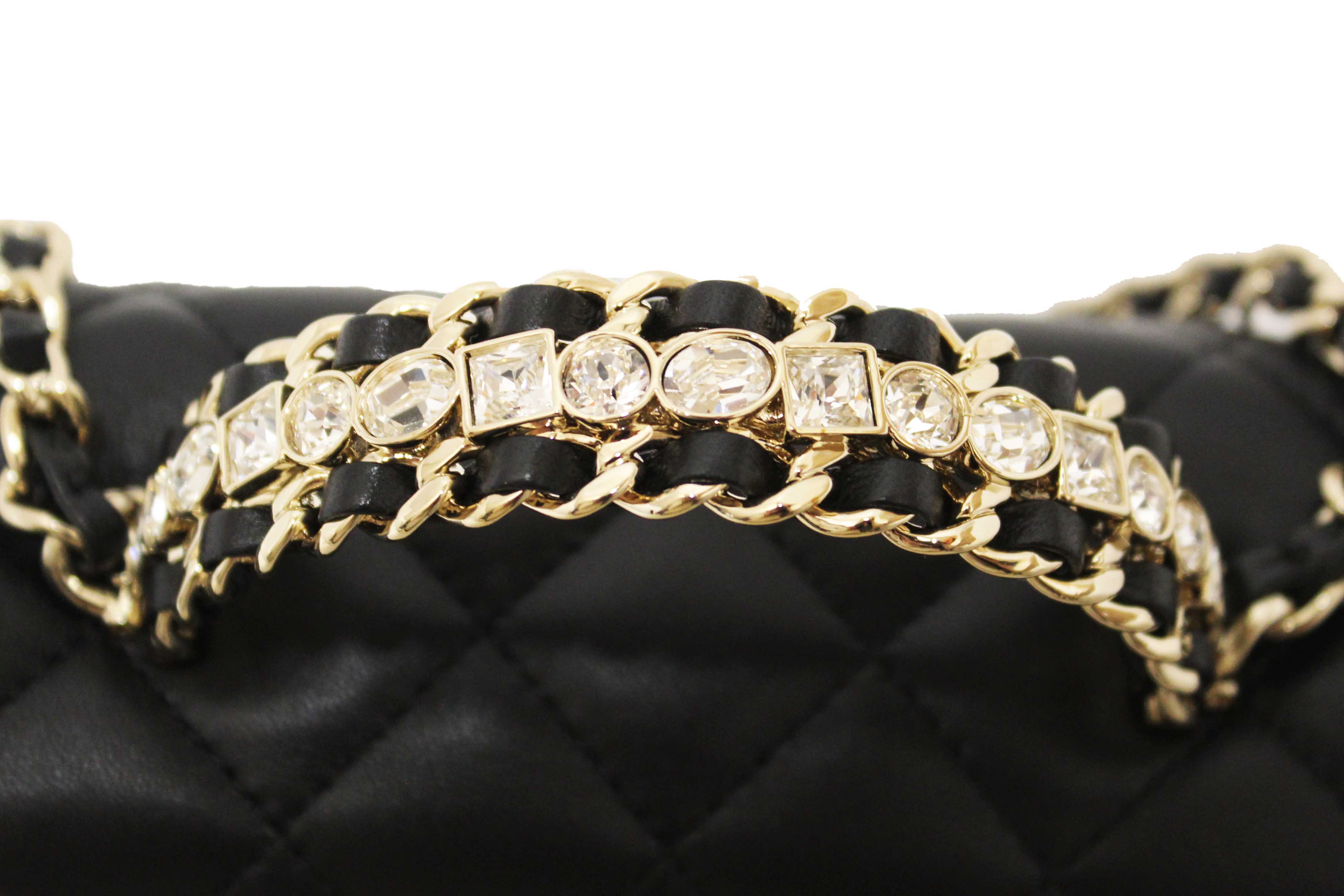 Authentic Chanel Black Quilted Lambskin Leather Classic Mini Rectangular Crystal Top Handle Flap Bag