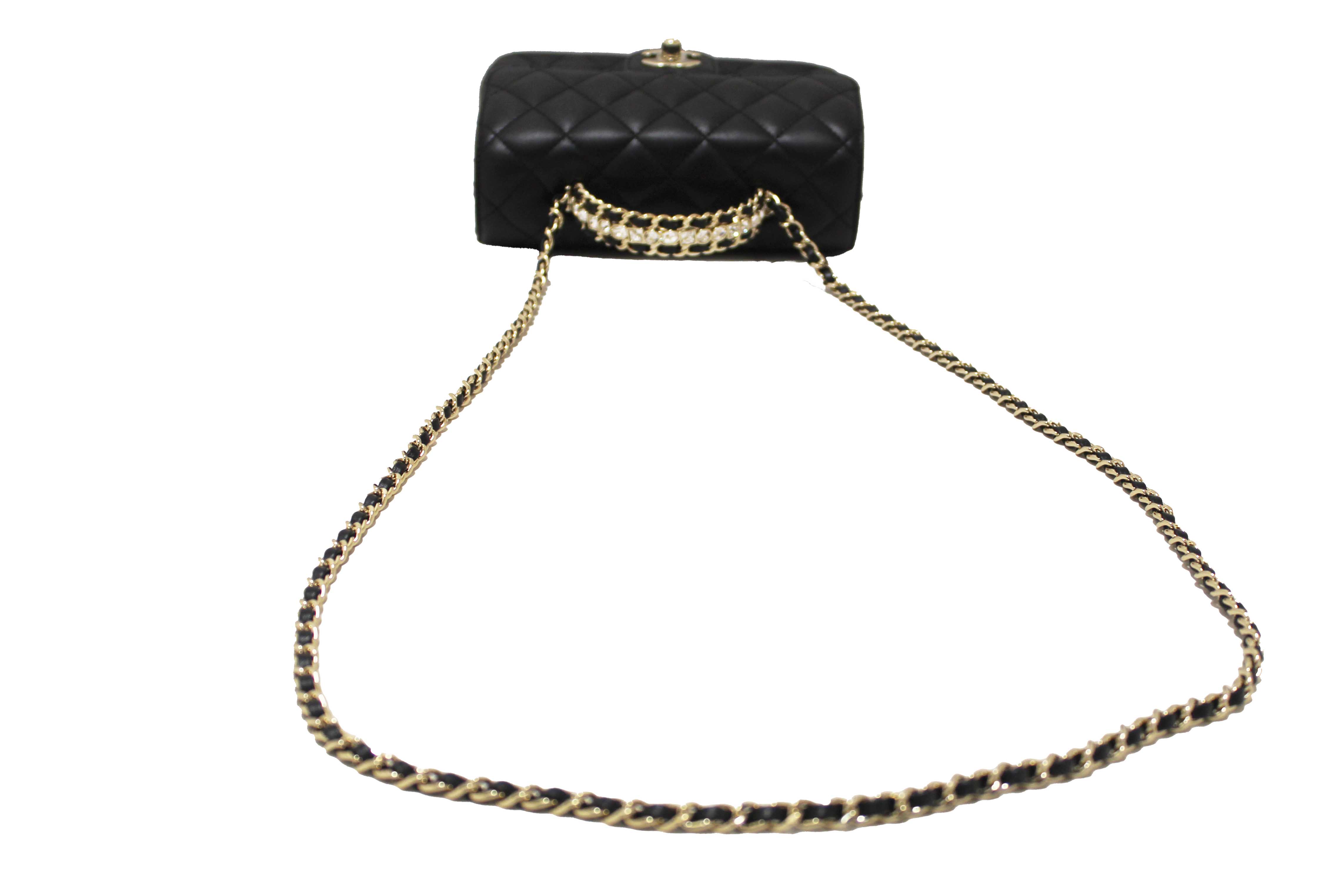 Authentic Chanel Black Quilted Lambskin Leather Classic Mini Rectangular Crystal Top Handle Flap Bag