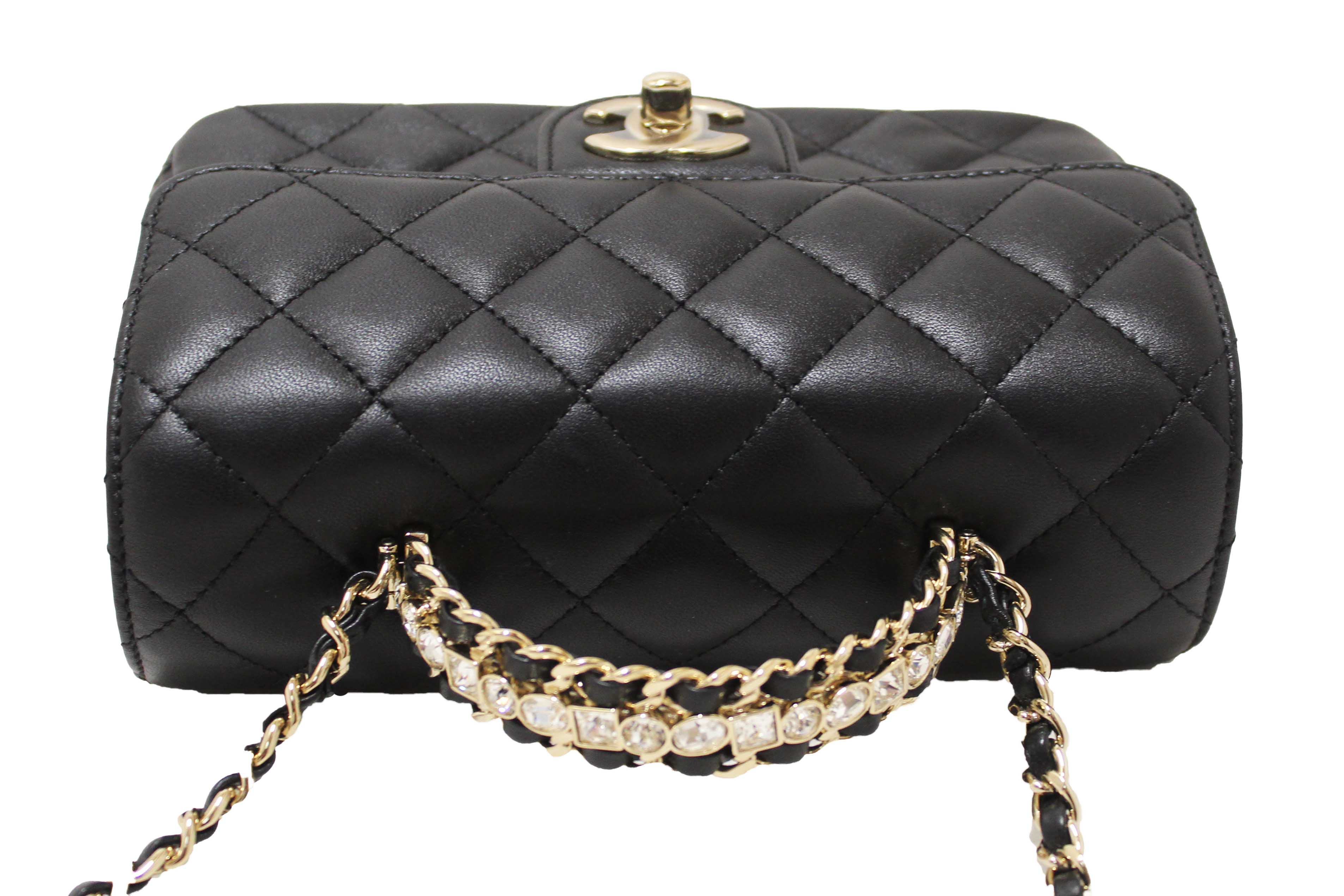 Authentic Chanel Black Quilted Lambskin Leather Classic Mini Rectangular Crystal Top Handle Flap Bag