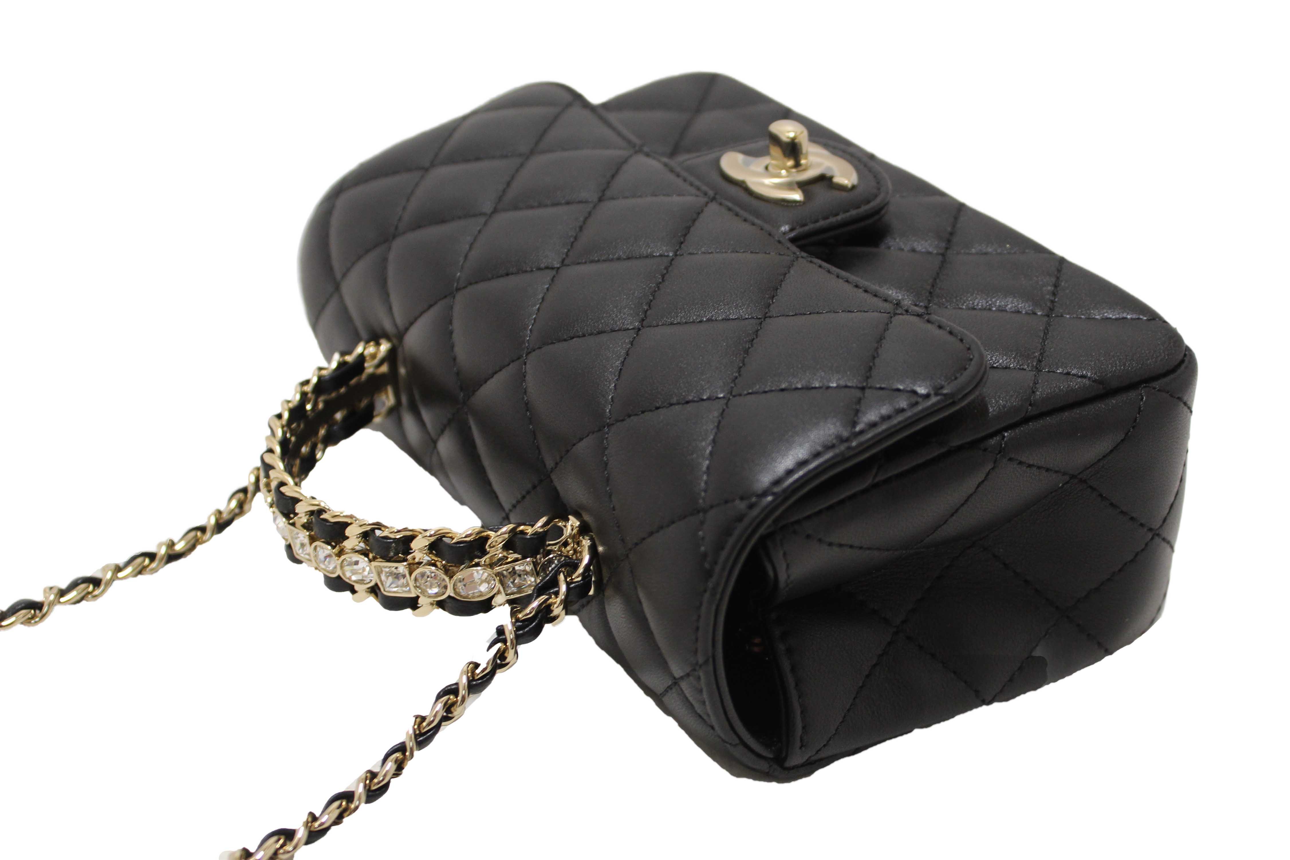 Authentic Chanel Black Quilted Lambskin Leather Classic Mini Rectangular Crystal Top Handle Flap Bag
