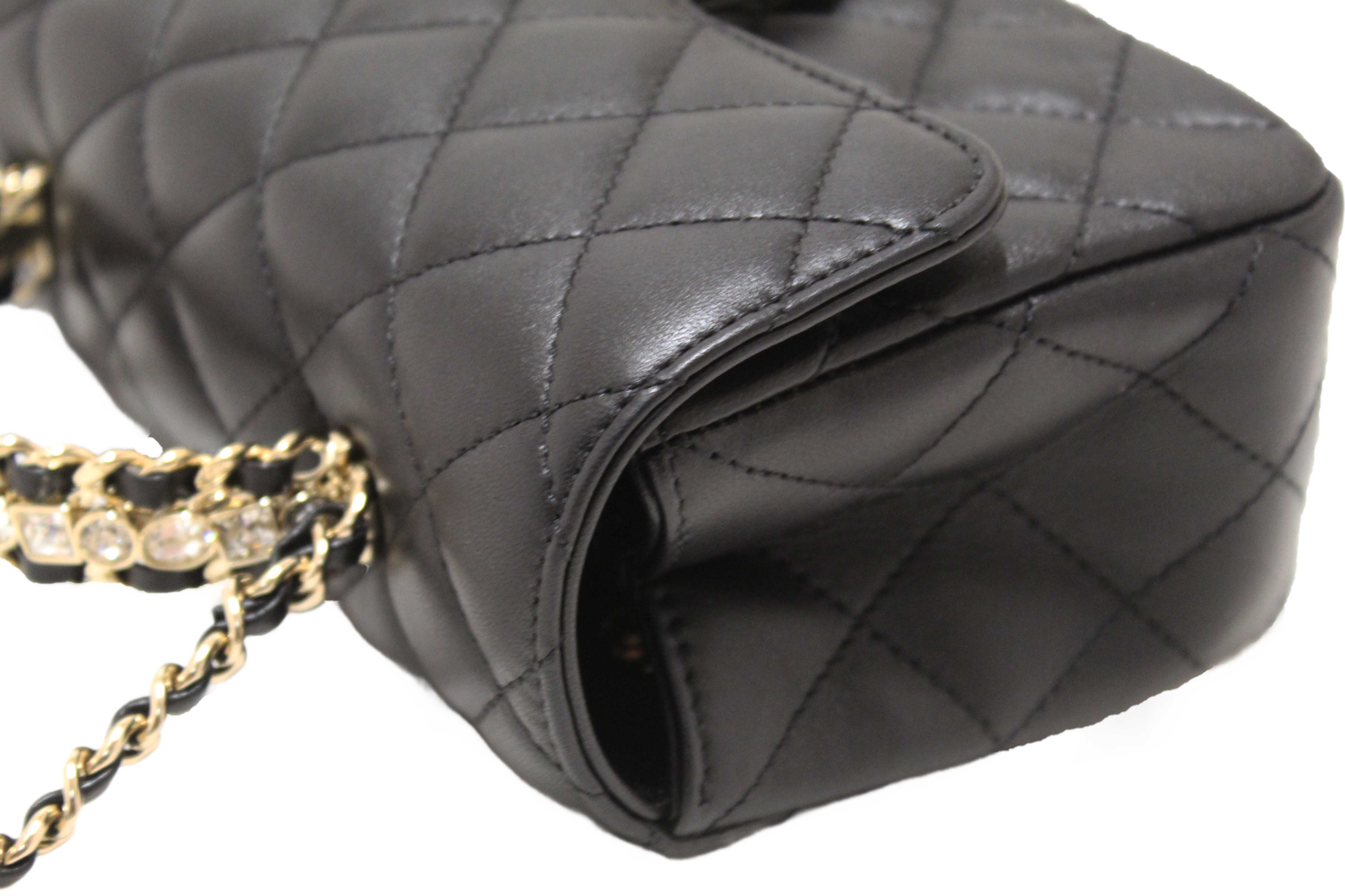 Authentic Chanel Black Quilted Lambskin Leather Classic Mini Rectangular Crystal Top Handle Flap Bag