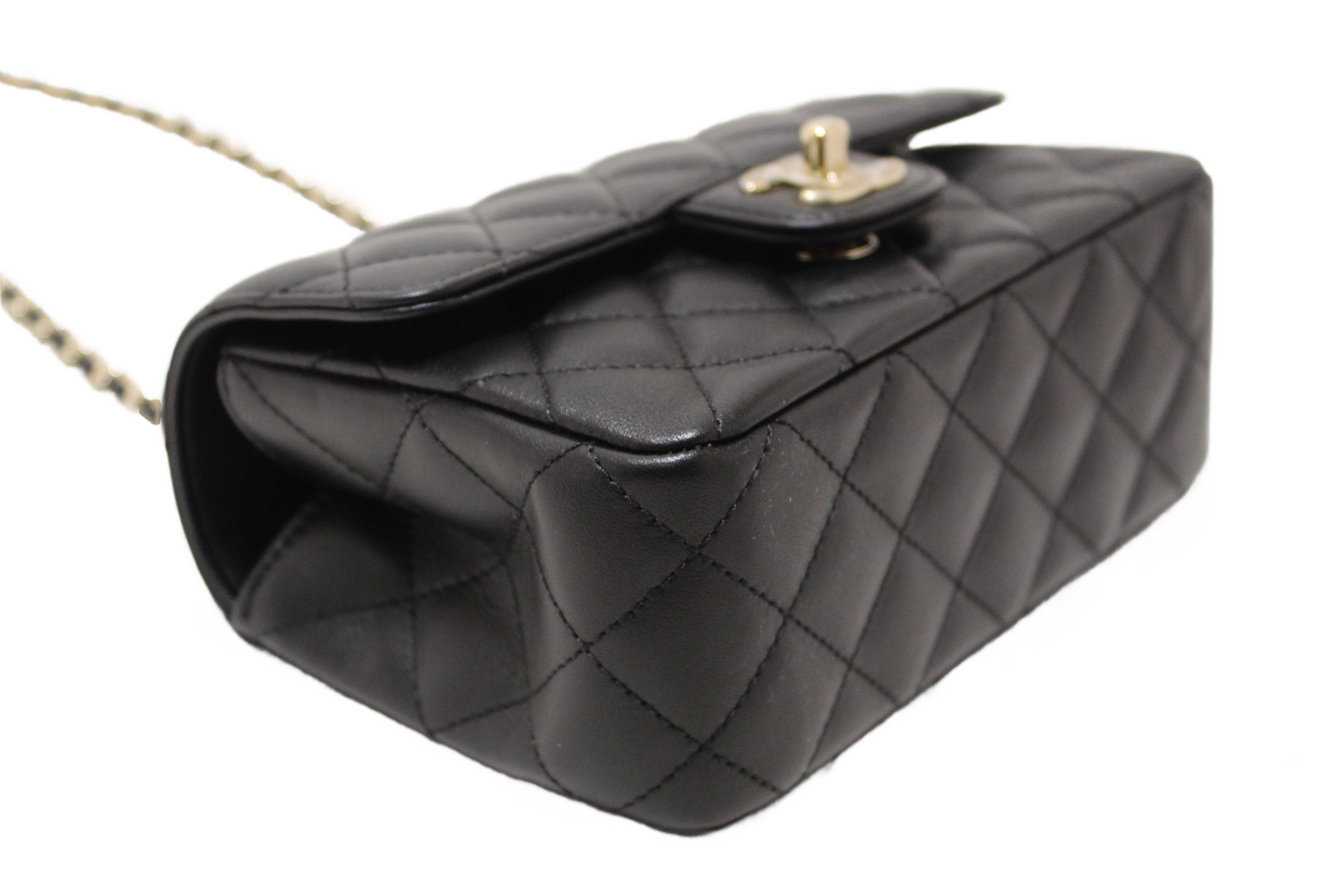Authentic Chanel Black Quilted Lambskin Leather Classic Mini Rectangular Crystal Top Handle Flap Bag