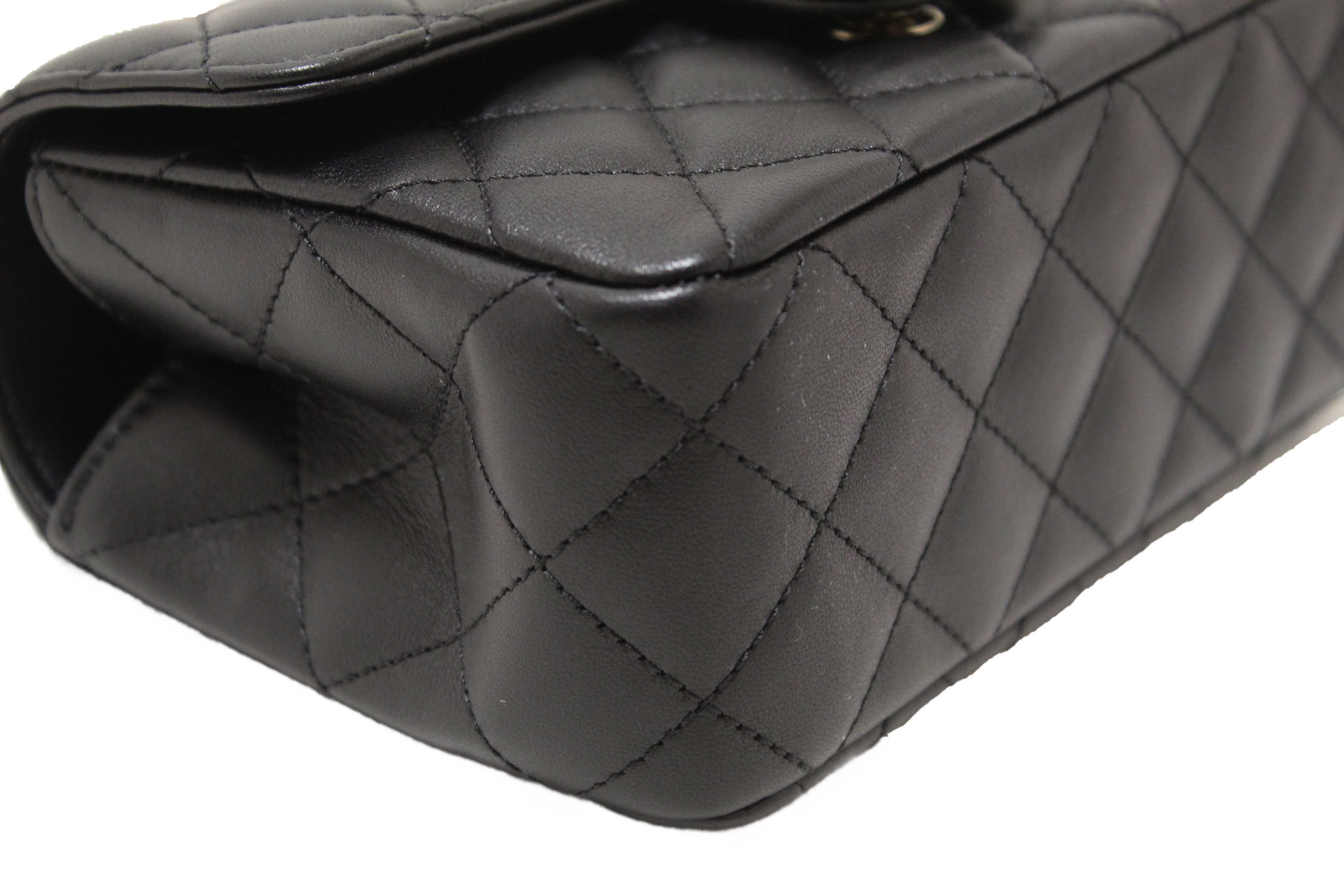 Authentic Chanel Black Quilted Lambskin Leather Classic Mini Rectangular Crystal Top Handle Flap Bag