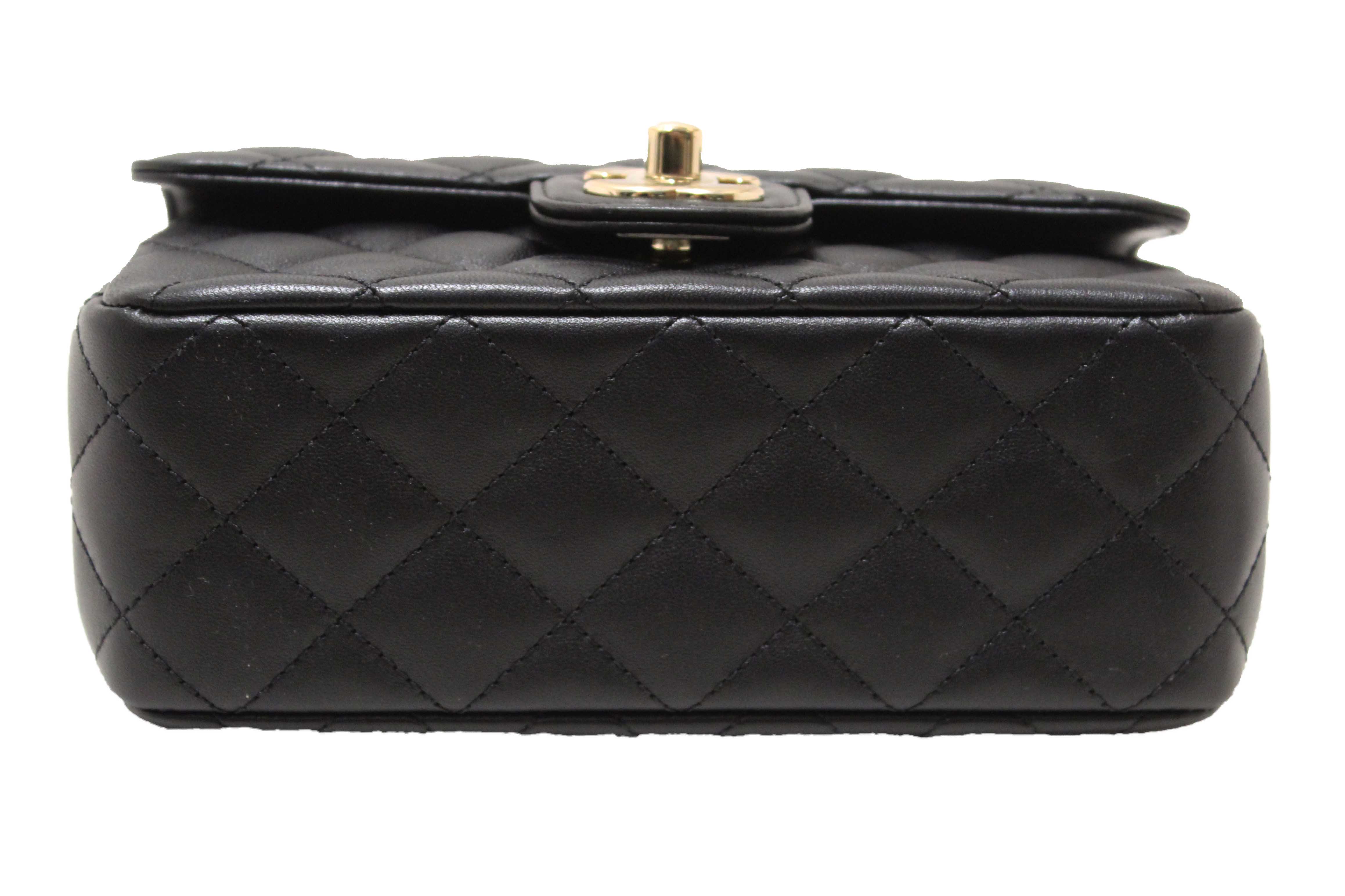 Authentic Chanel Black Quilted Lambskin Leather Classic Mini Rectangular Crystal Top Handle Flap Bag