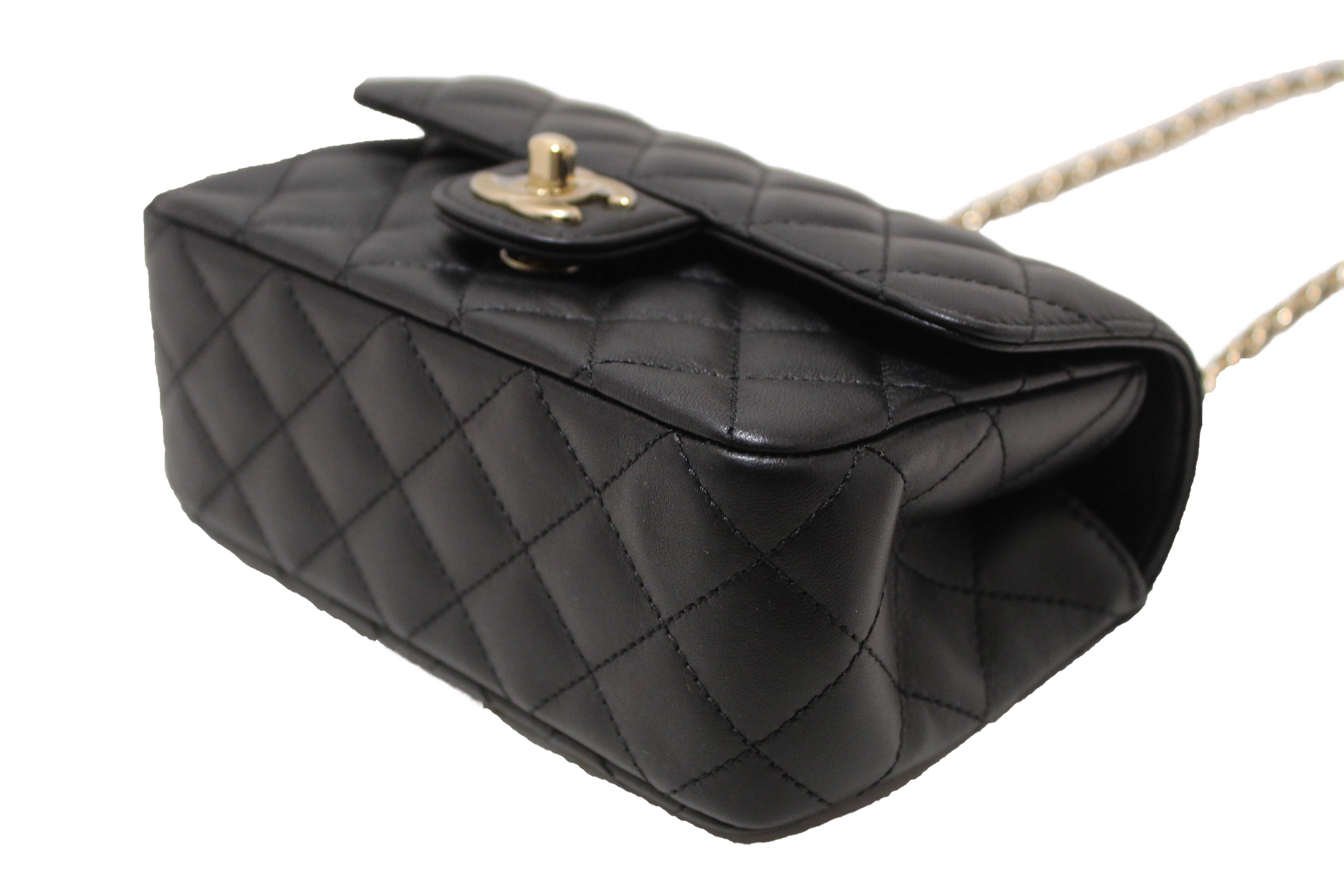 Authentic Chanel Black Quilted Lambskin Leather Classic Mini Rectangular Crystal Top Handle Flap Bag
