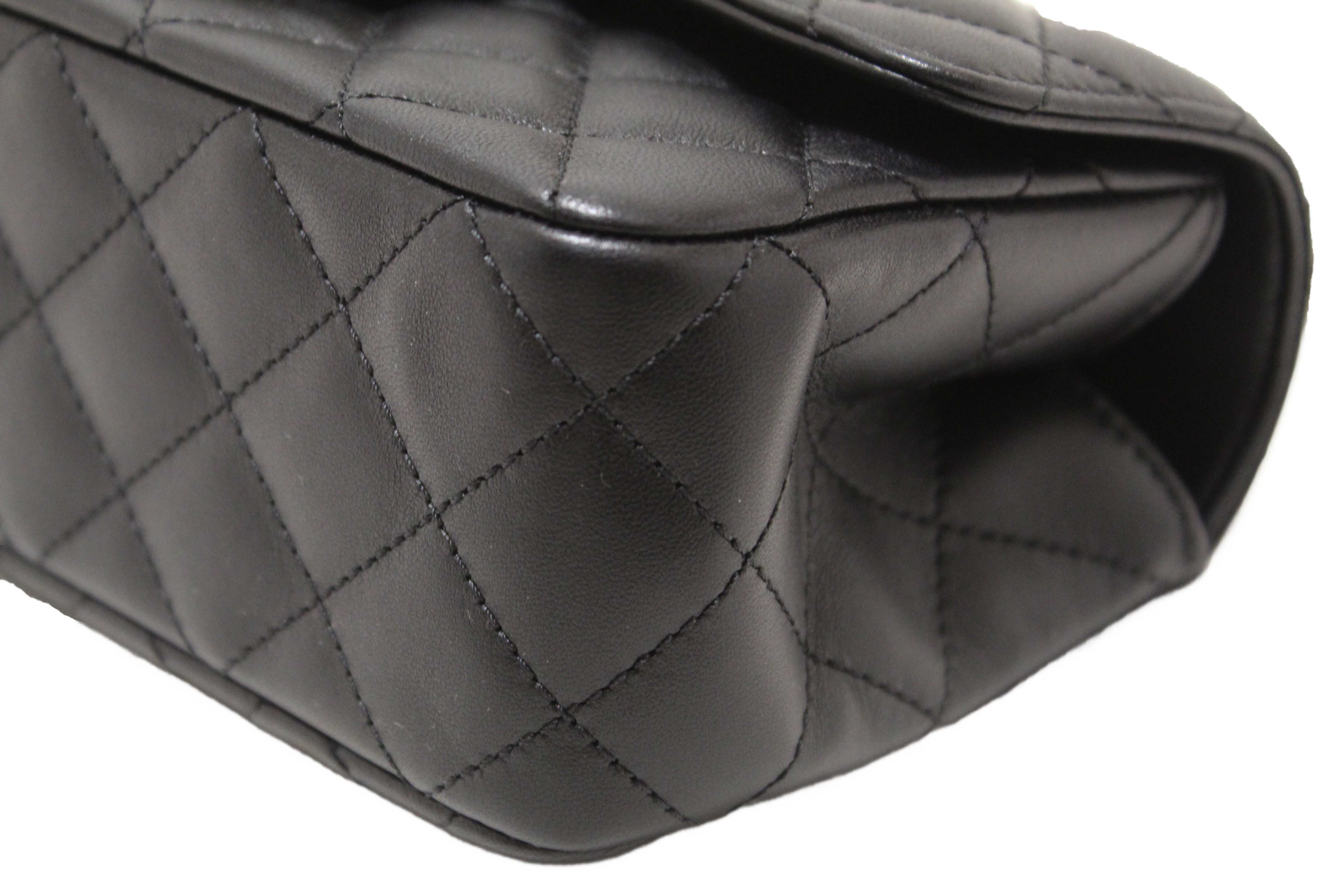 Authentic Chanel Black Quilted Lambskin Leather Classic Mini Rectangular Crystal Top Handle Flap Bag