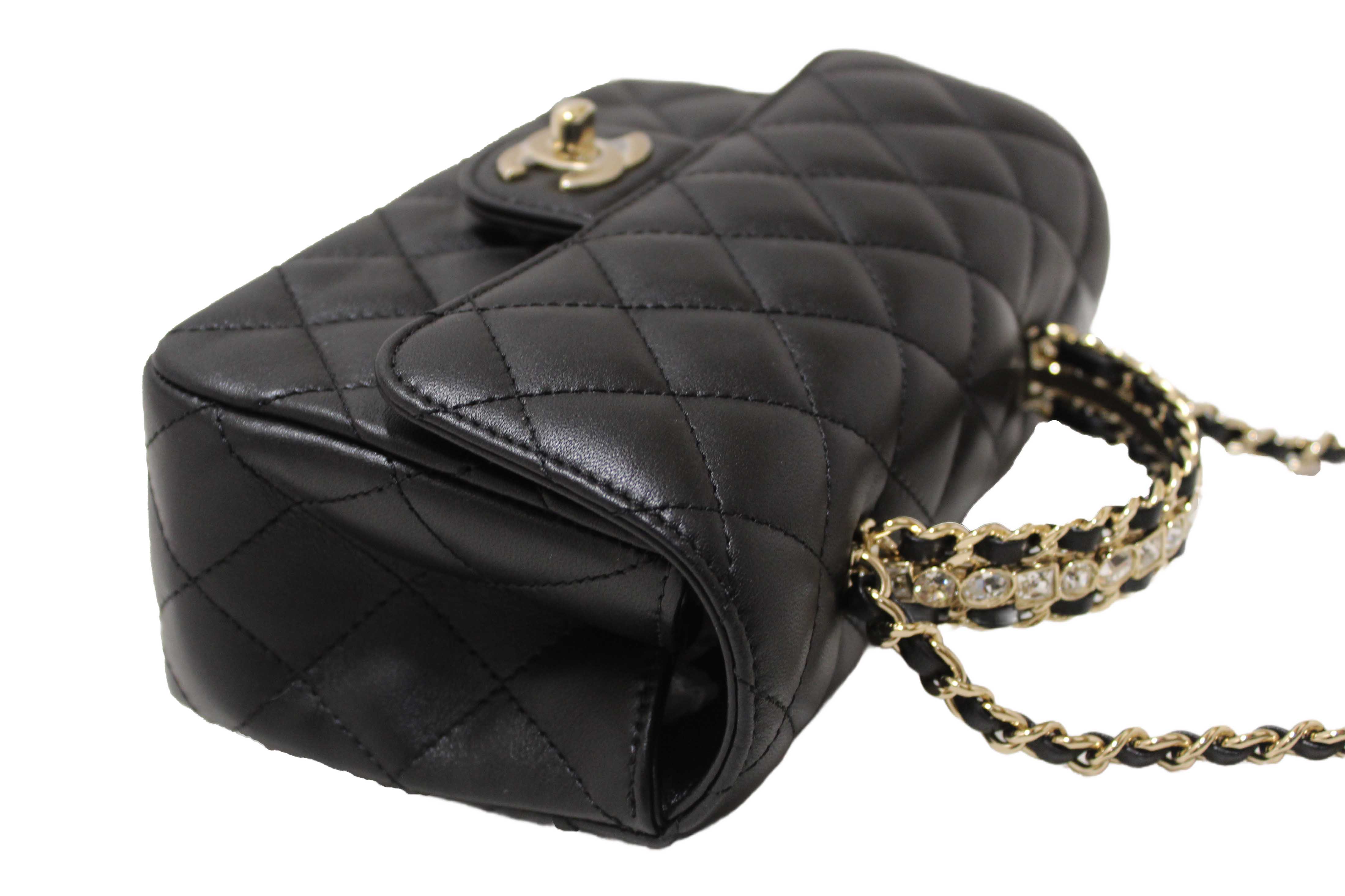 Authentic Chanel Black Quilted Lambskin Leather Classic Mini Rectangular Crystal Top Handle Flap Bag