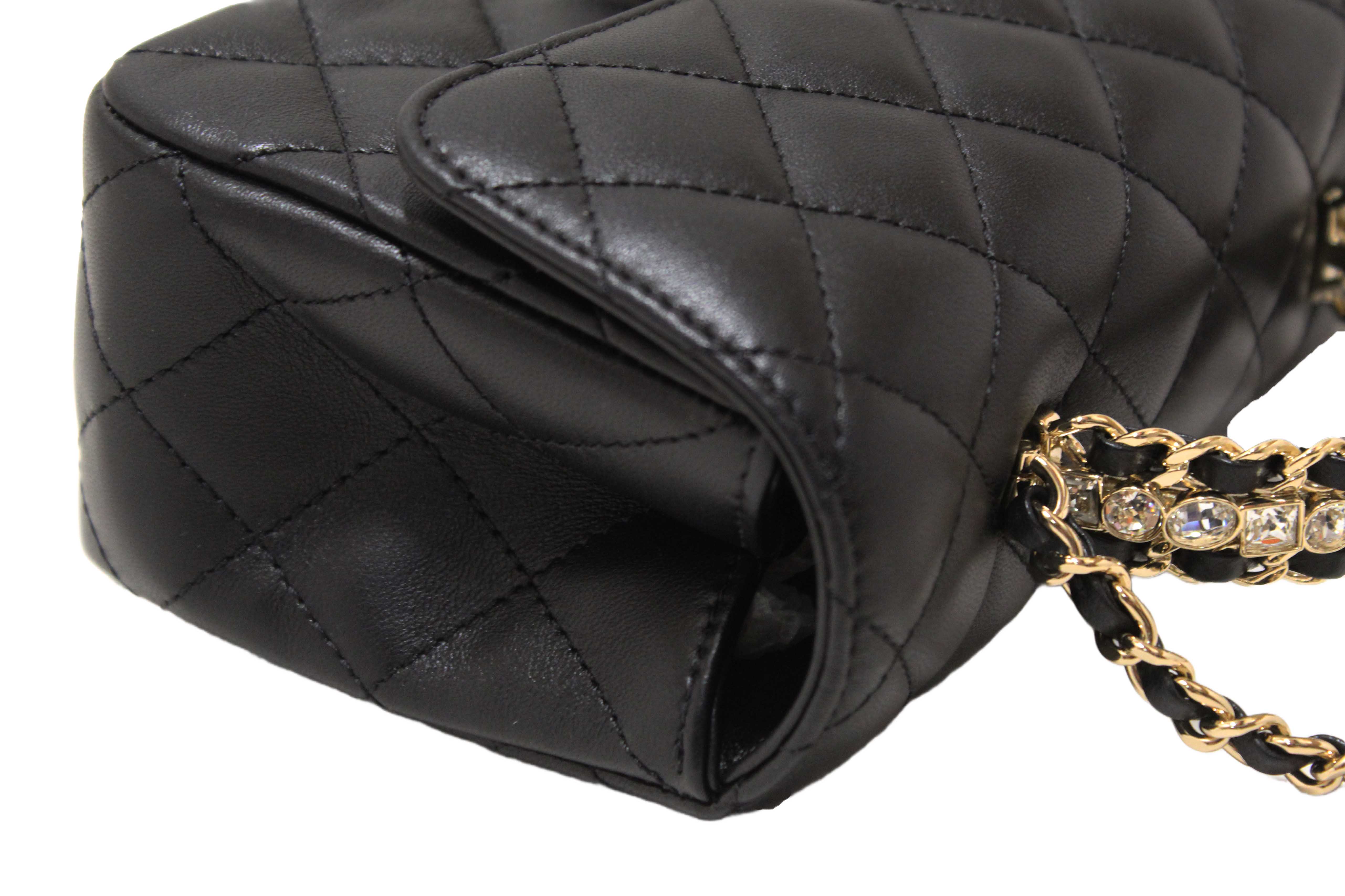Authentic Chanel Black Quilted Lambskin Leather Classic Mini Rectangular Crystal Top Handle Flap Bag